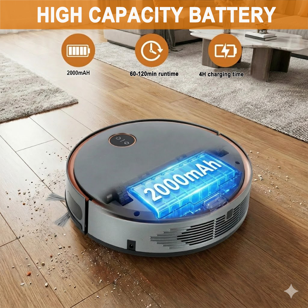 Un robot aspirapolvere con batteria da 2000mAh su un pavimento in legno.