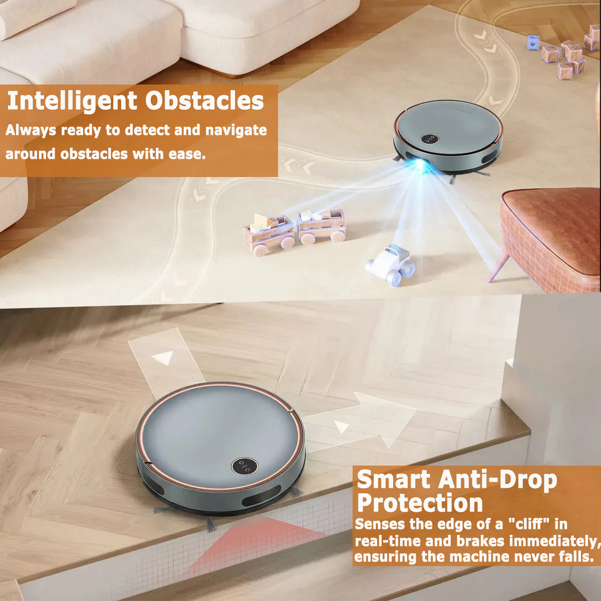 Un robot aspirapolvere rileva ostacoli e scale.