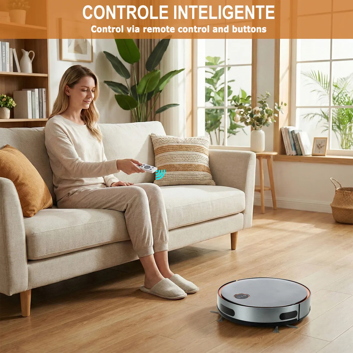 Donna su divano controlla robot aspirapolvere con telecomando in soggiorno.