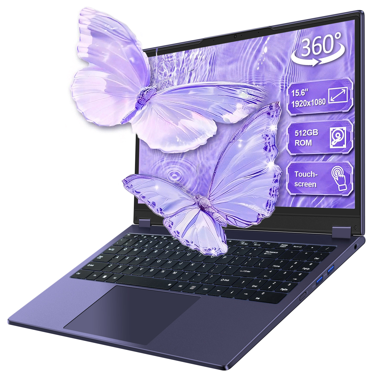 Ein violetter Laptop mit Schmetterlingen auf dem Bildschirm und Tastatur.
