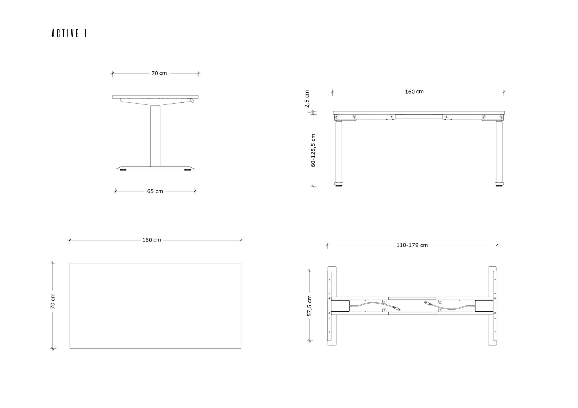 Rysunek techniczny biurka z regulacją wysokości z wymiarami.