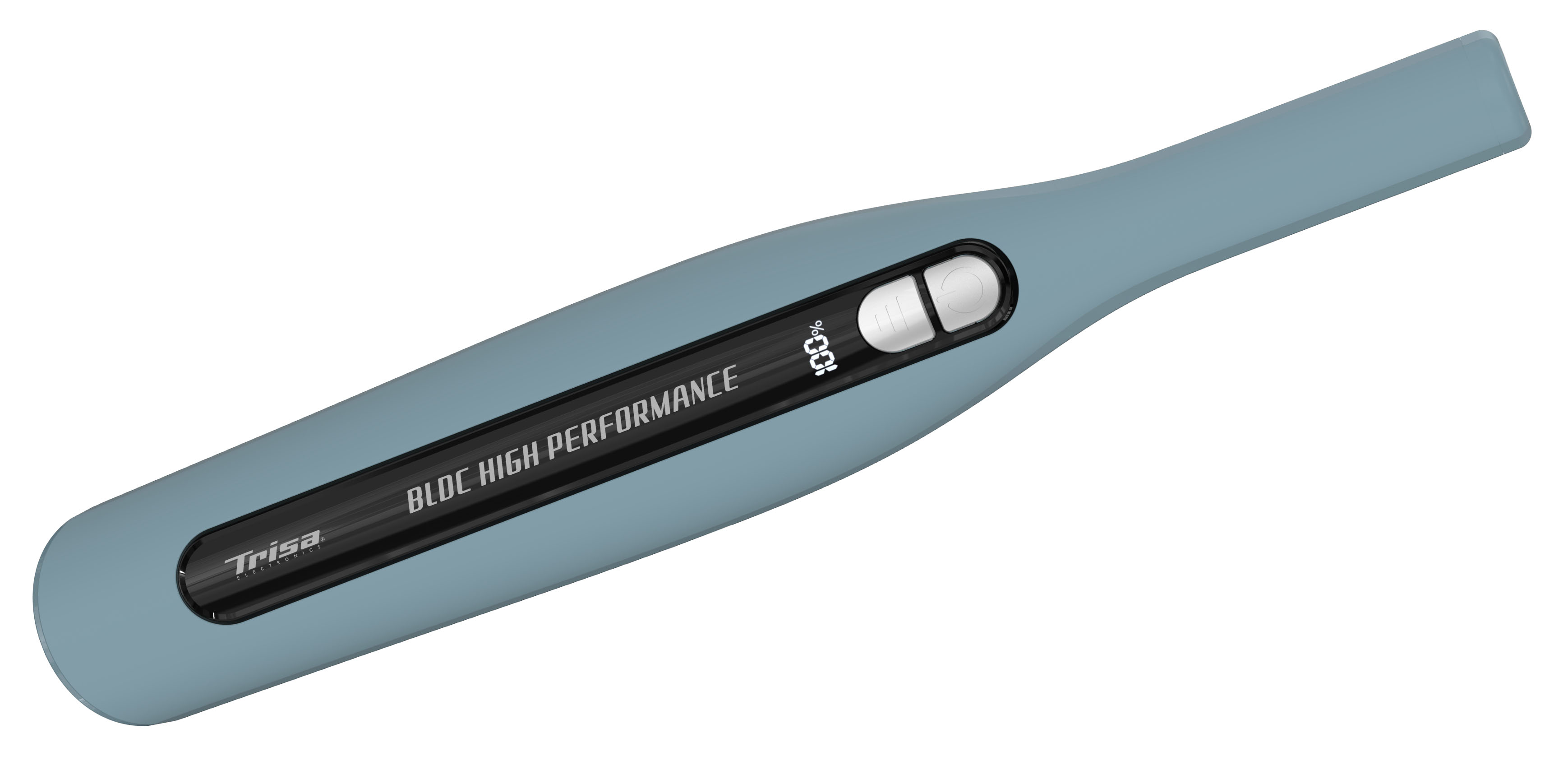 Ein blauer Haartrockner mit einem digitalen Display, das '100%' anzeigt.
