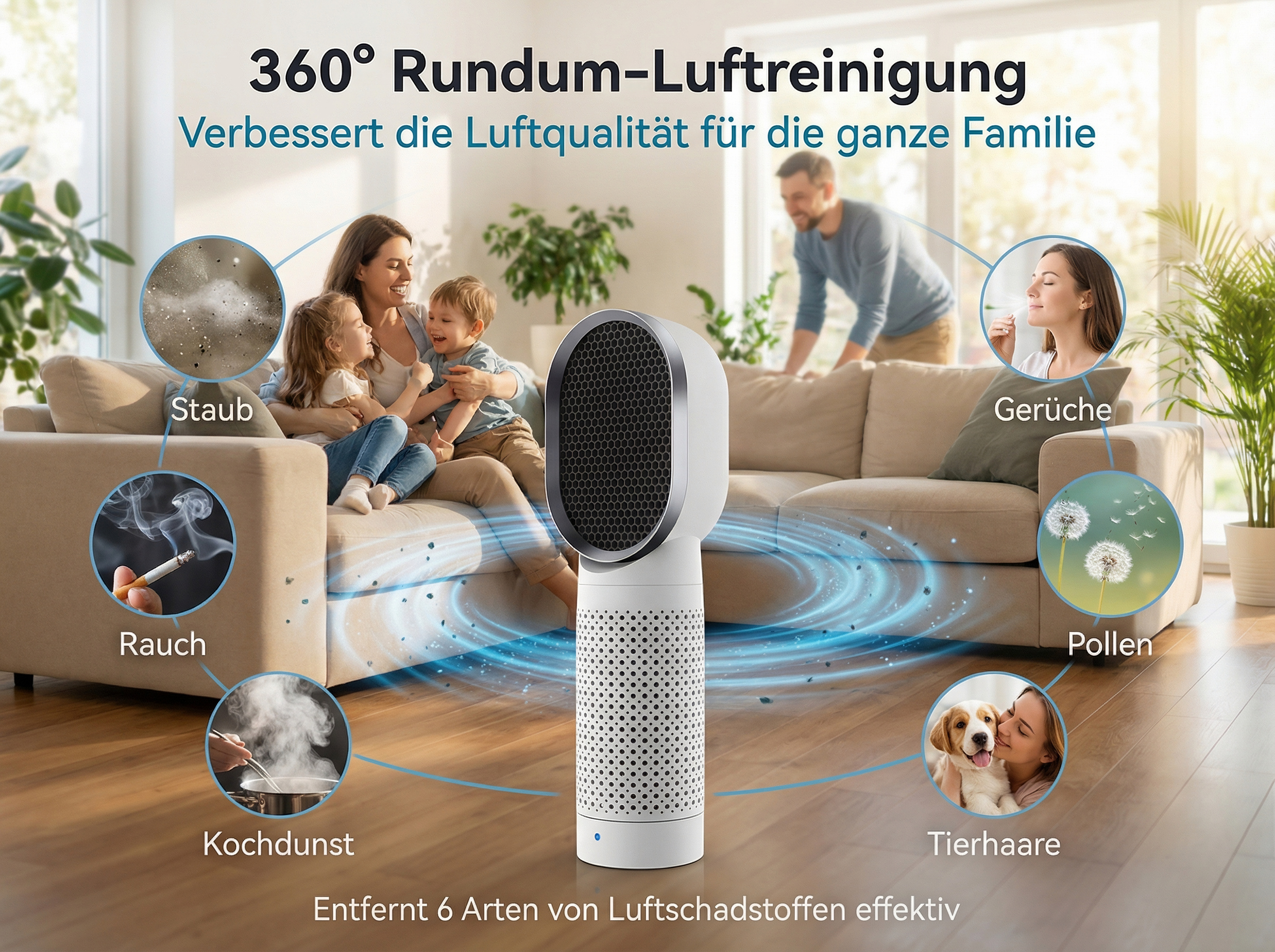 Ein Luftreiniger im Wohnzimmer mit Familienanzeige und Symbolen für Staub, Rauch, Gerüche, Kochdunst, Pollen und Tierhaare.