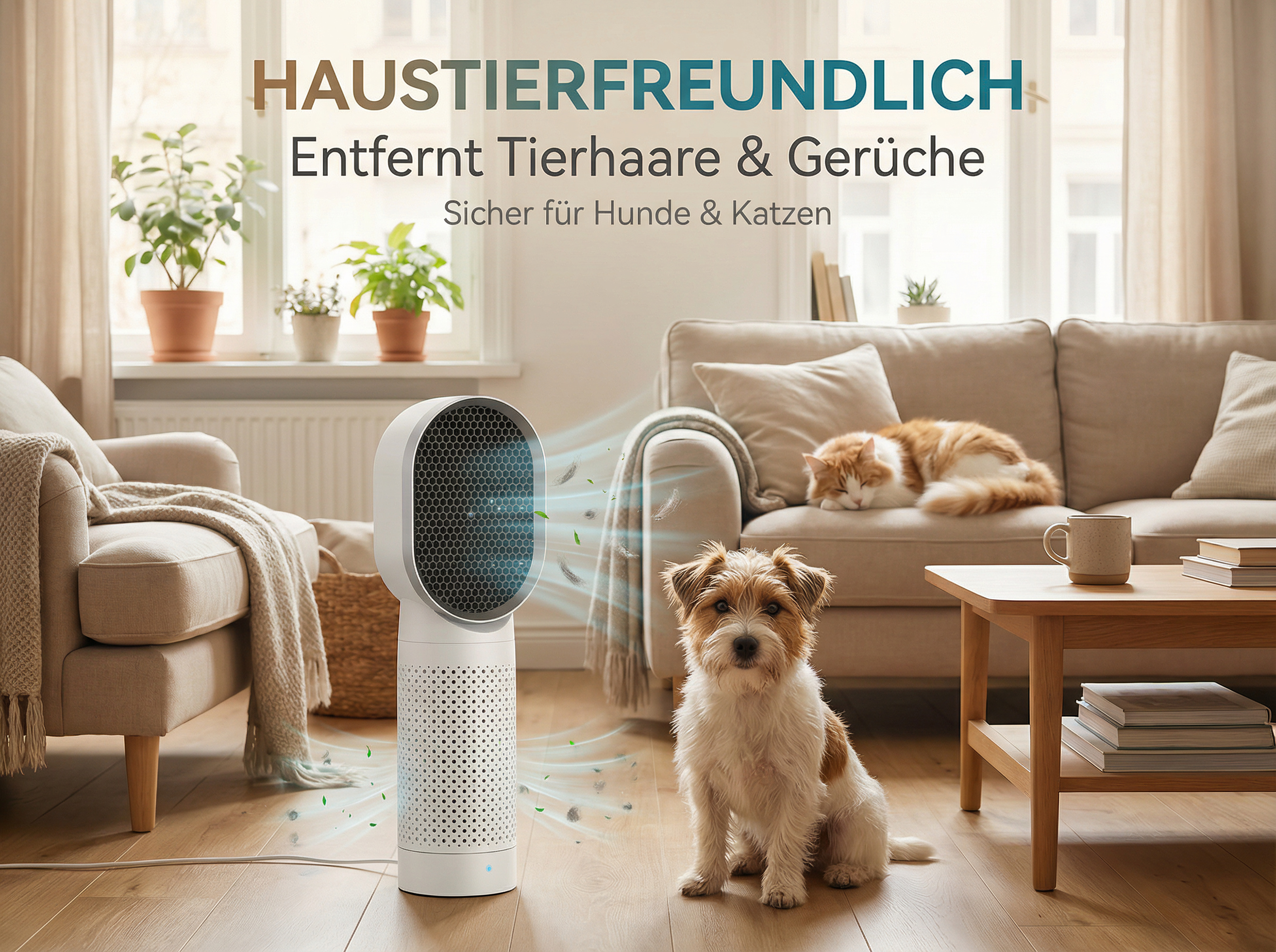 Ein Luftreiniger filtert Staub und Haare vor einem Hund und einer schlafenden Katze.