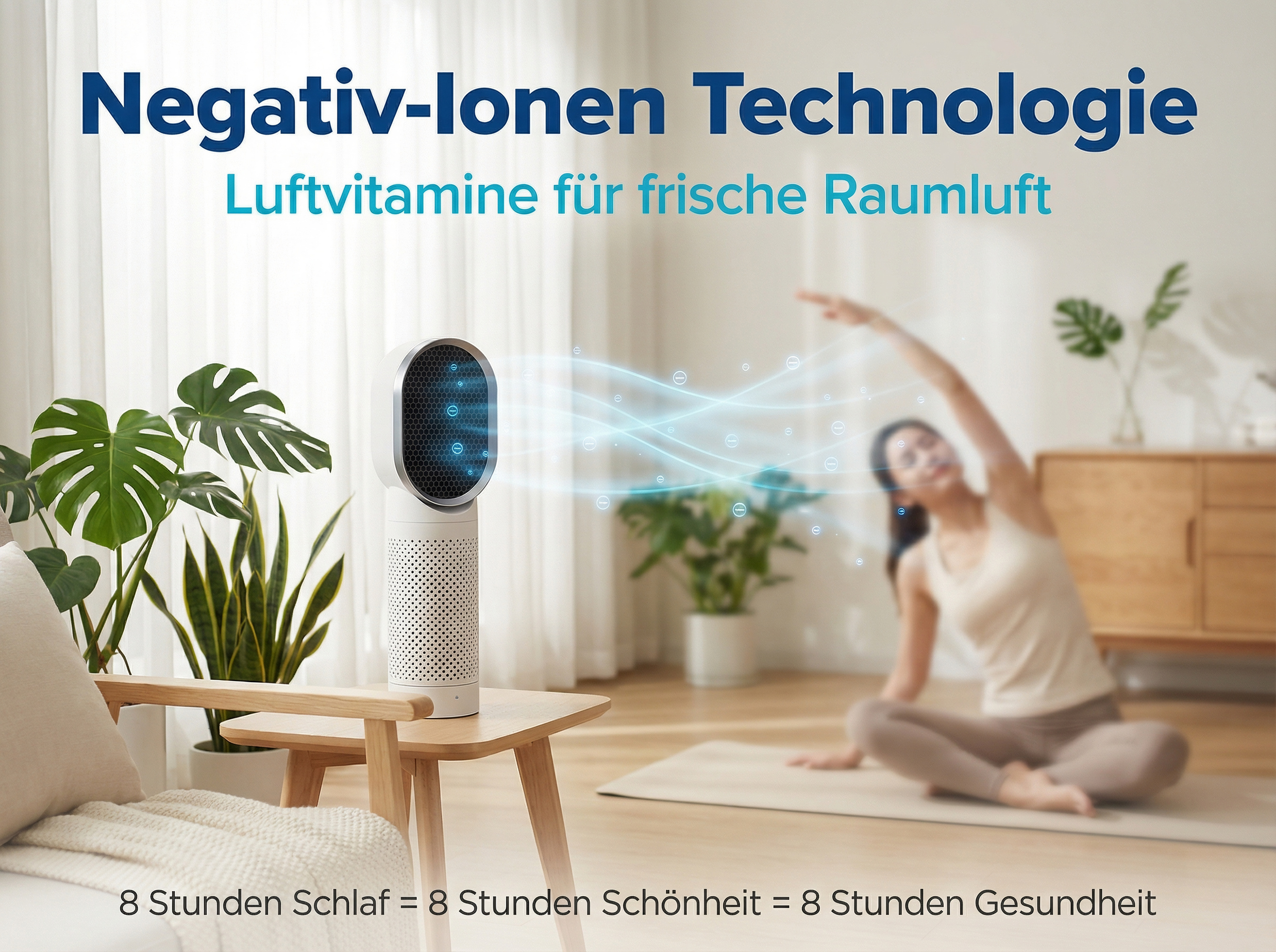 Ein weißer Luftreiniger mit blauen Ionen vor einem Fenster. Eine Frau macht Yoga.