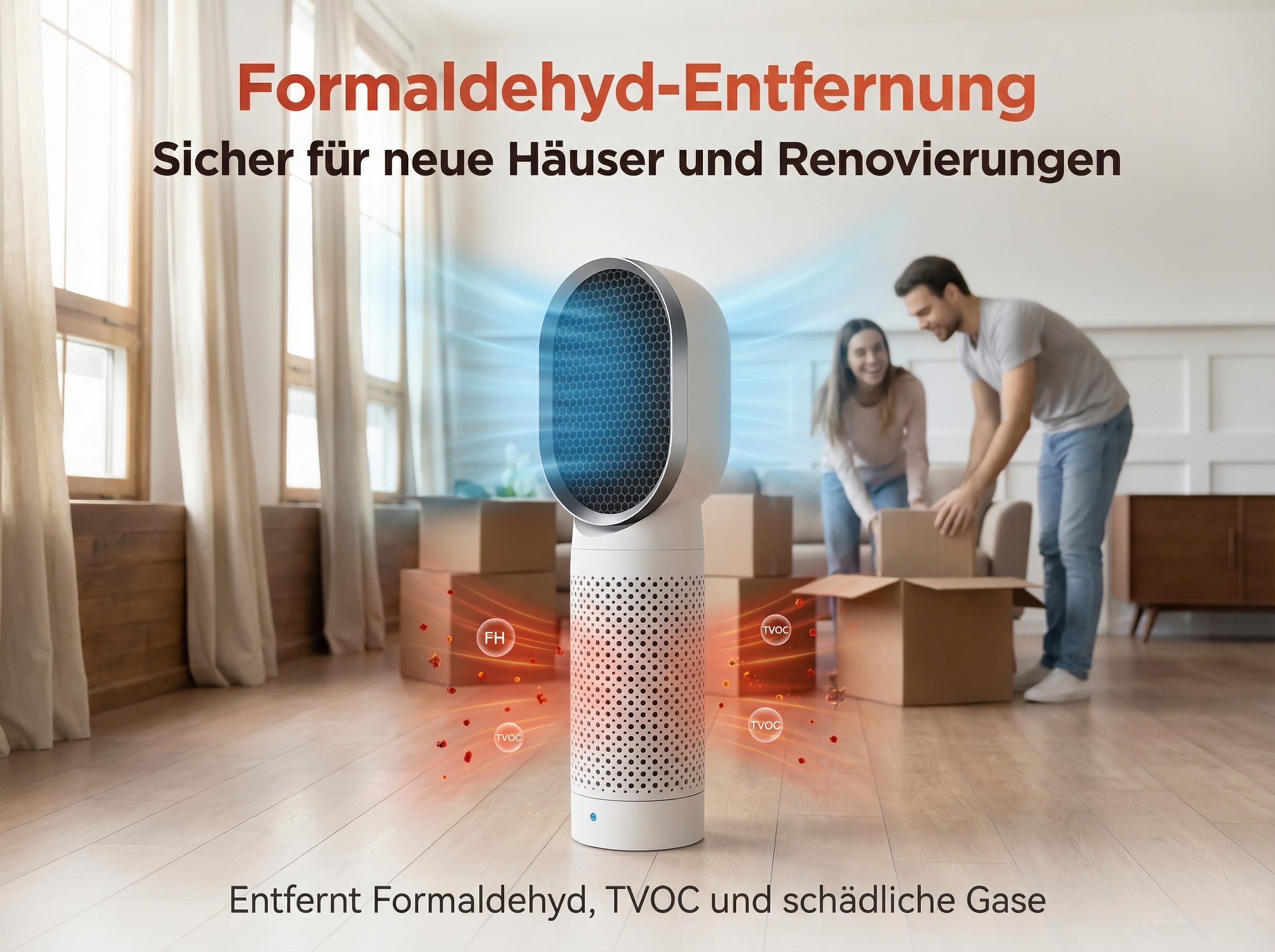 Luftreiniger entfernt Formaldehyd und TVOC in einem Raum mit Umzugskartons.