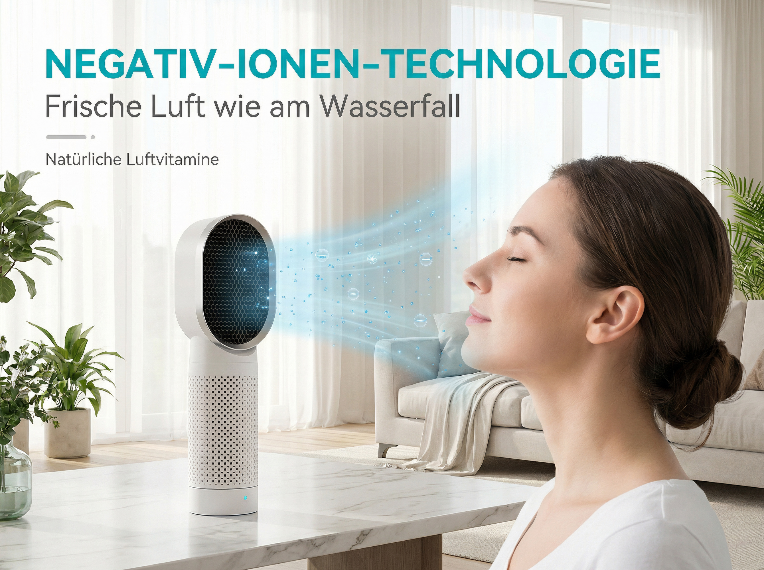 Ein weißer Luftreiniger gibt blaue Luftströme mit Bläschen ab, eine Frau atmet ein.