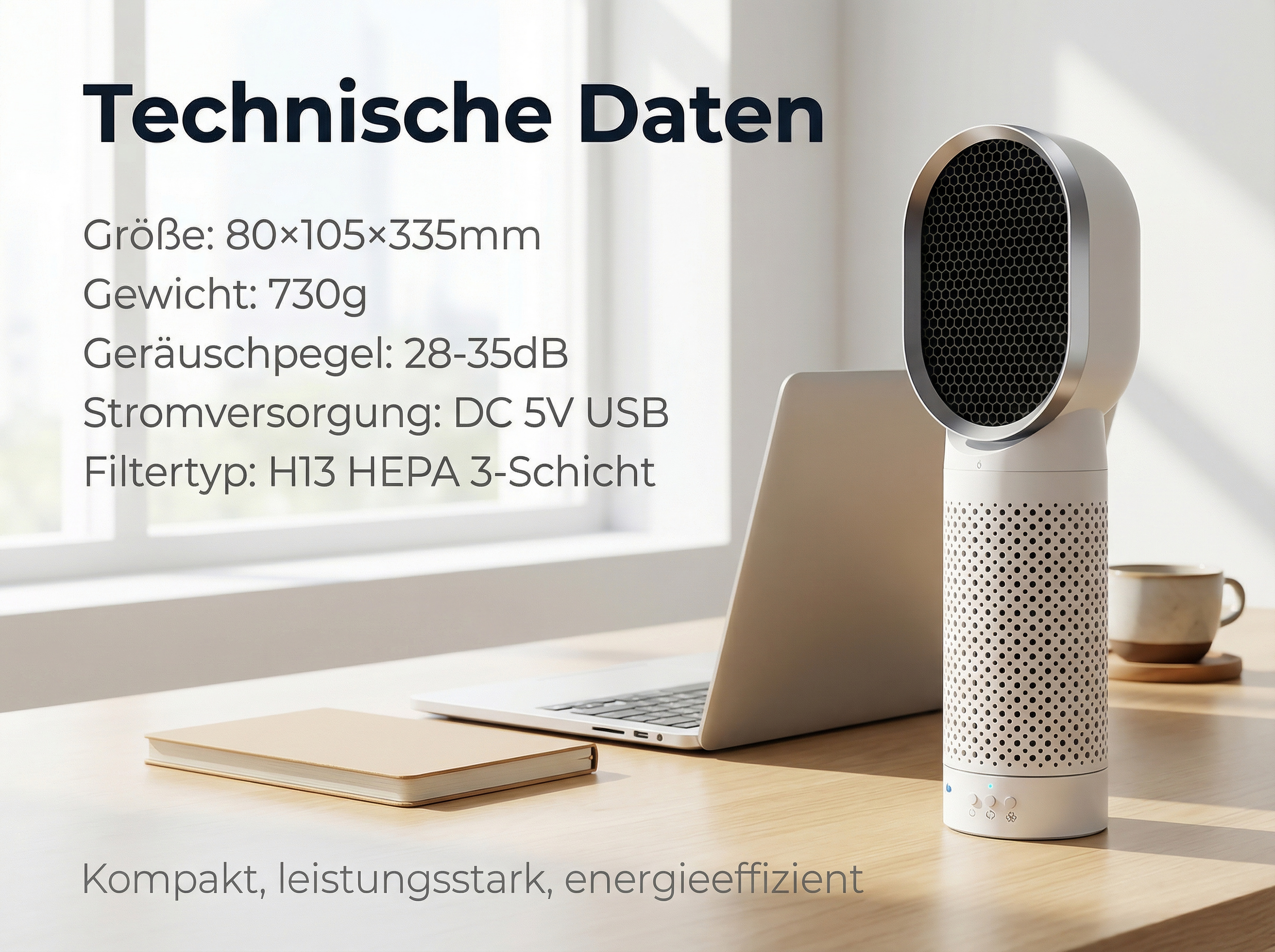 Ein weißer Luftreiniger steht auf einem Schreibtisch neben einem Laptop und einem Notizbuch.