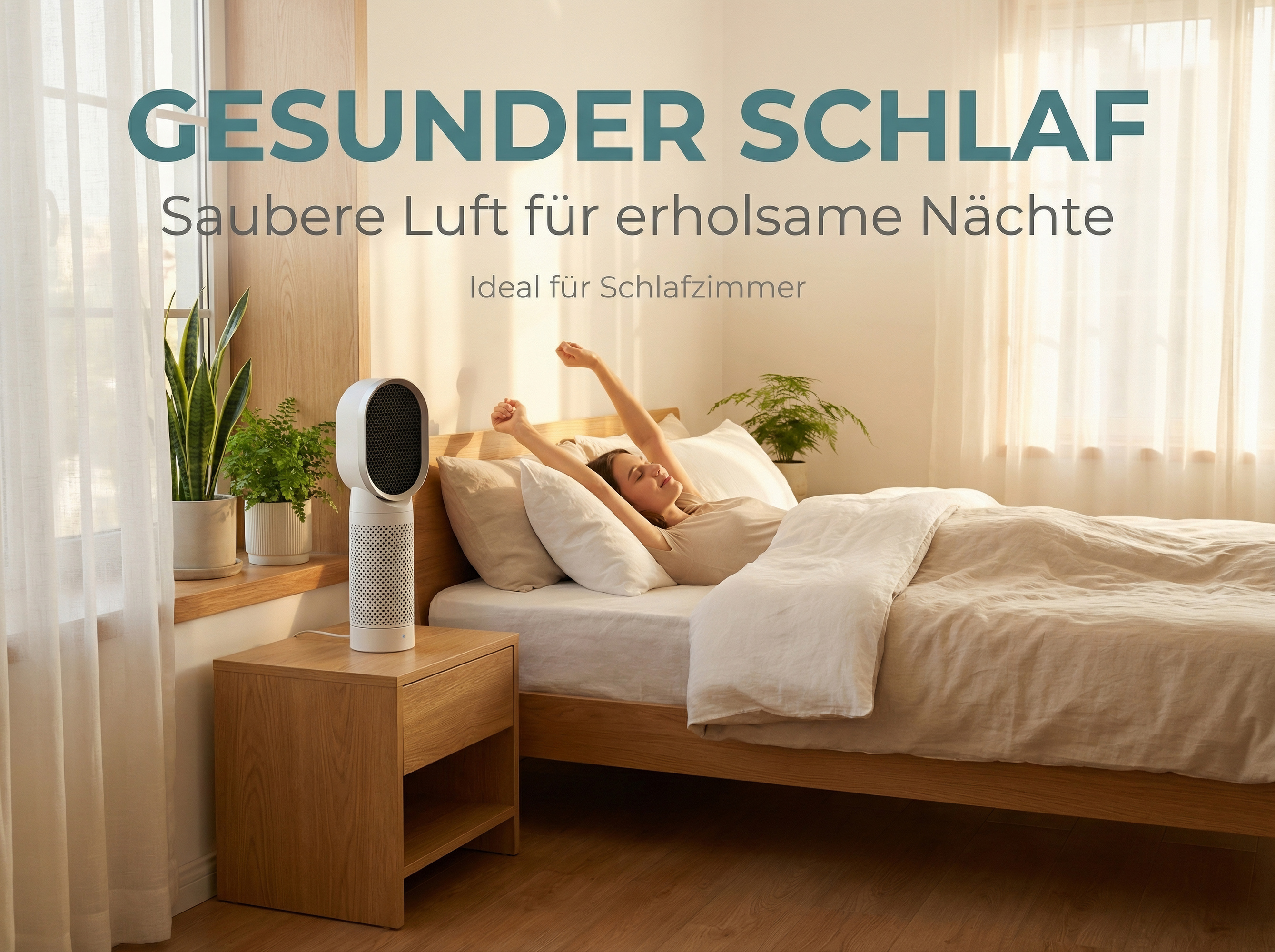 Eine Frau streckt sich im Bett, ein Luftreiniger steht neben dem Nachttisch.
