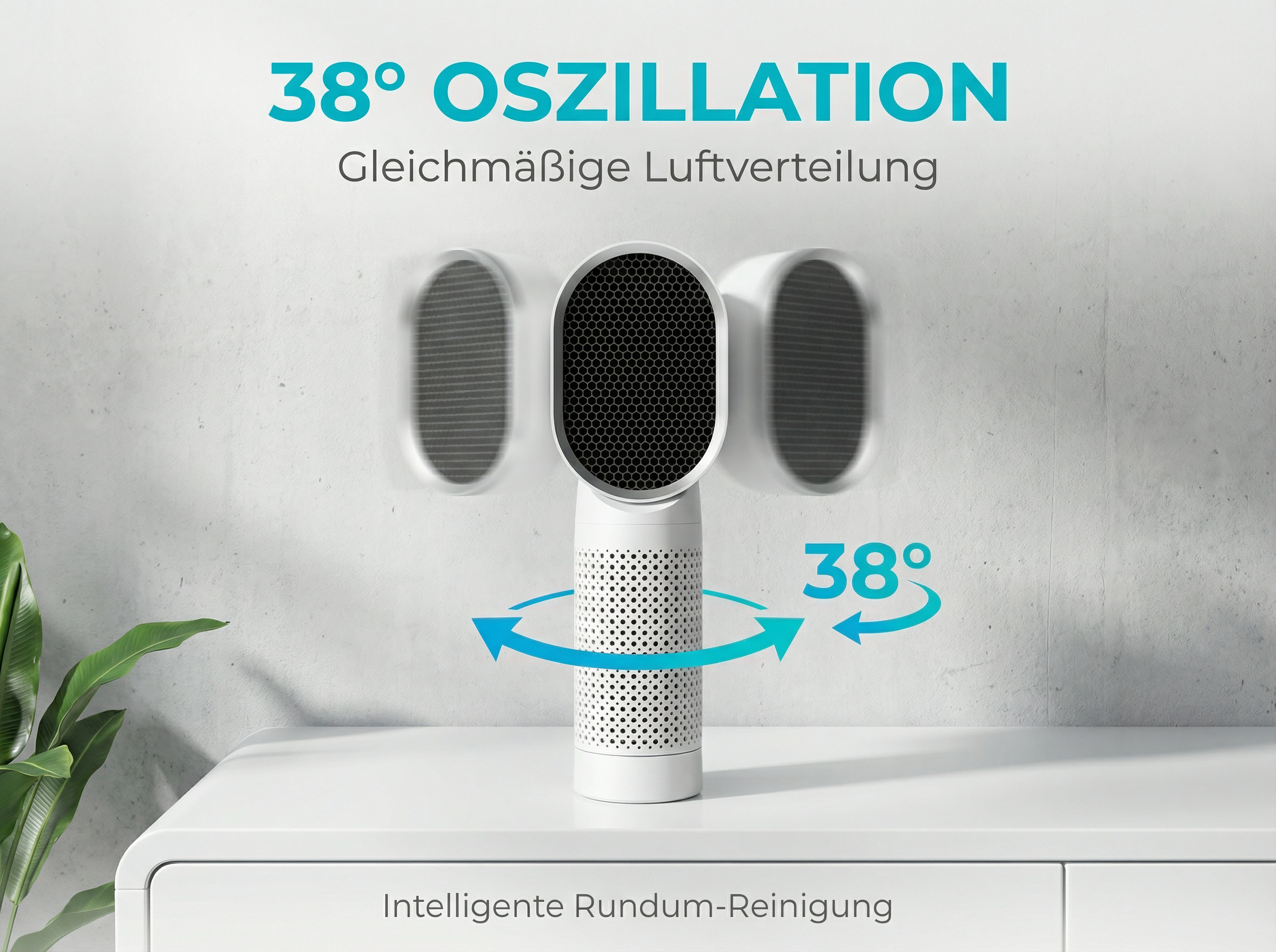 Ein weißer Luftreiniger mit 38° Oszillation auf einem weißen Tisch.