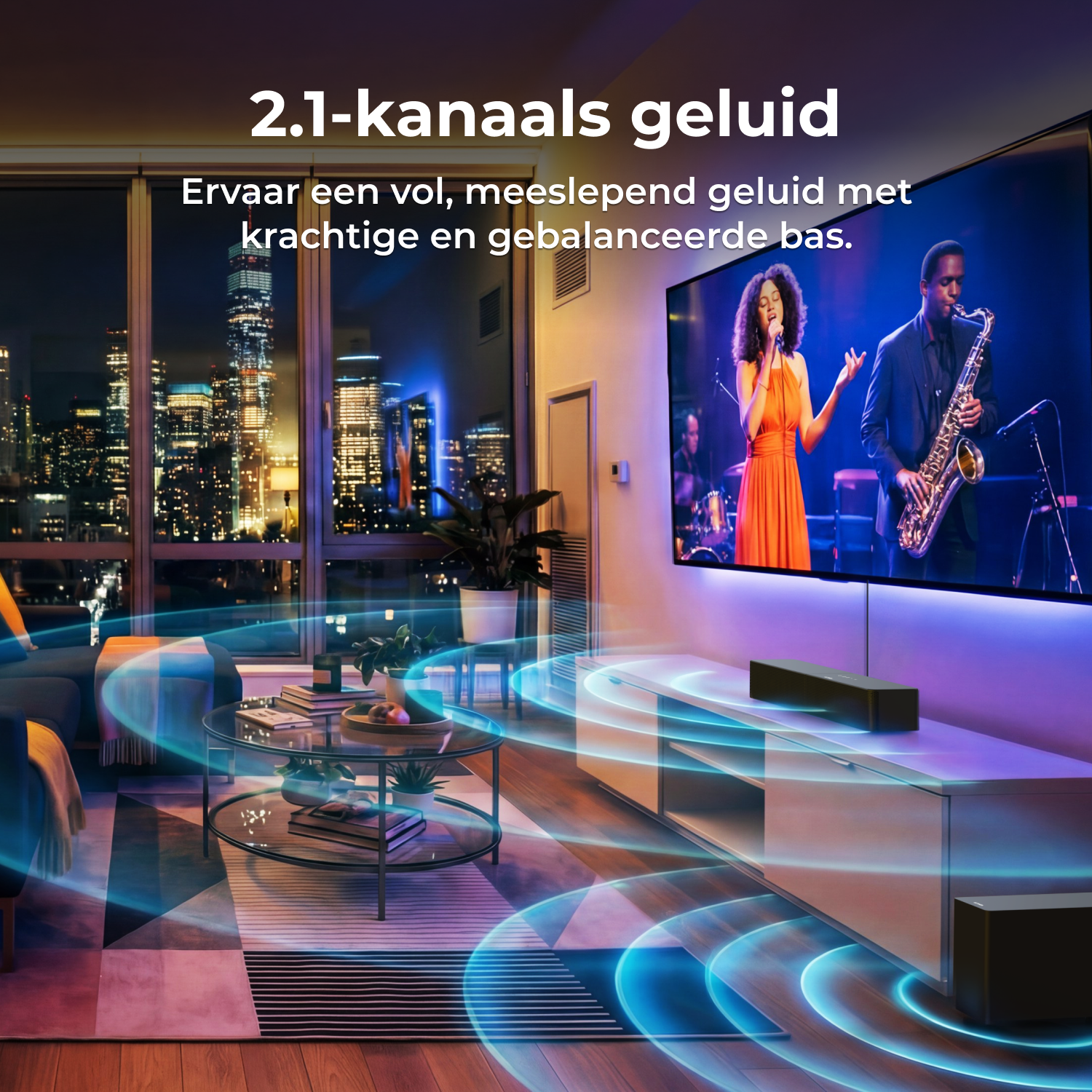 Een woonkamer met tv die muziek toont, en stadszicht 's nachts.