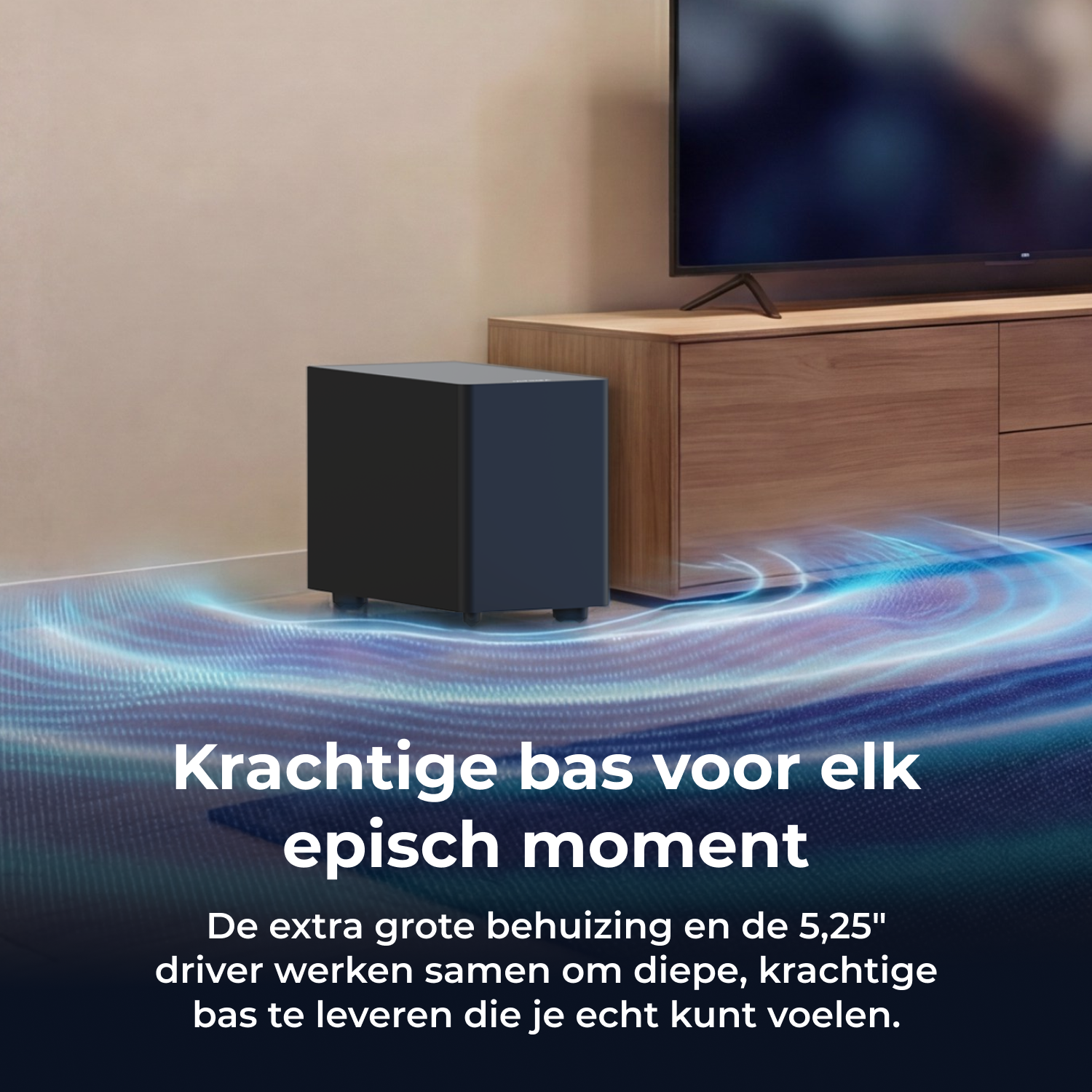Een zwarte subwoofer naast een tv-meubel, blauwe golven stralen ervanuit.