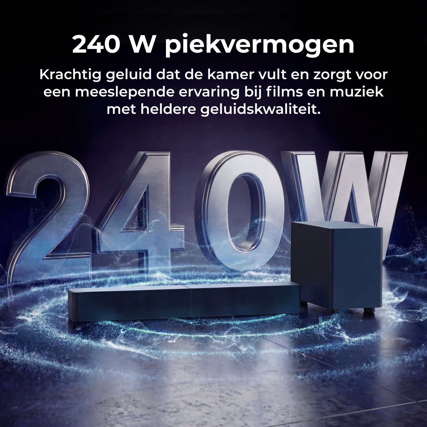 240W luidsprekers met subwoofer omgeven door blauwe lichtdeeltjes.