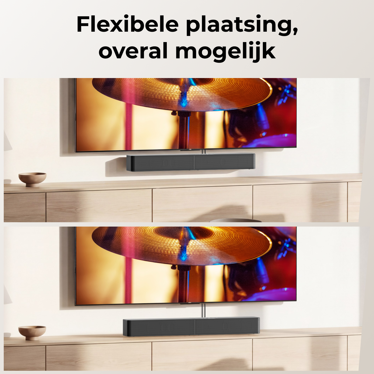 Een tv met een soundbar eronder, twee plaatsingsopties getoond.