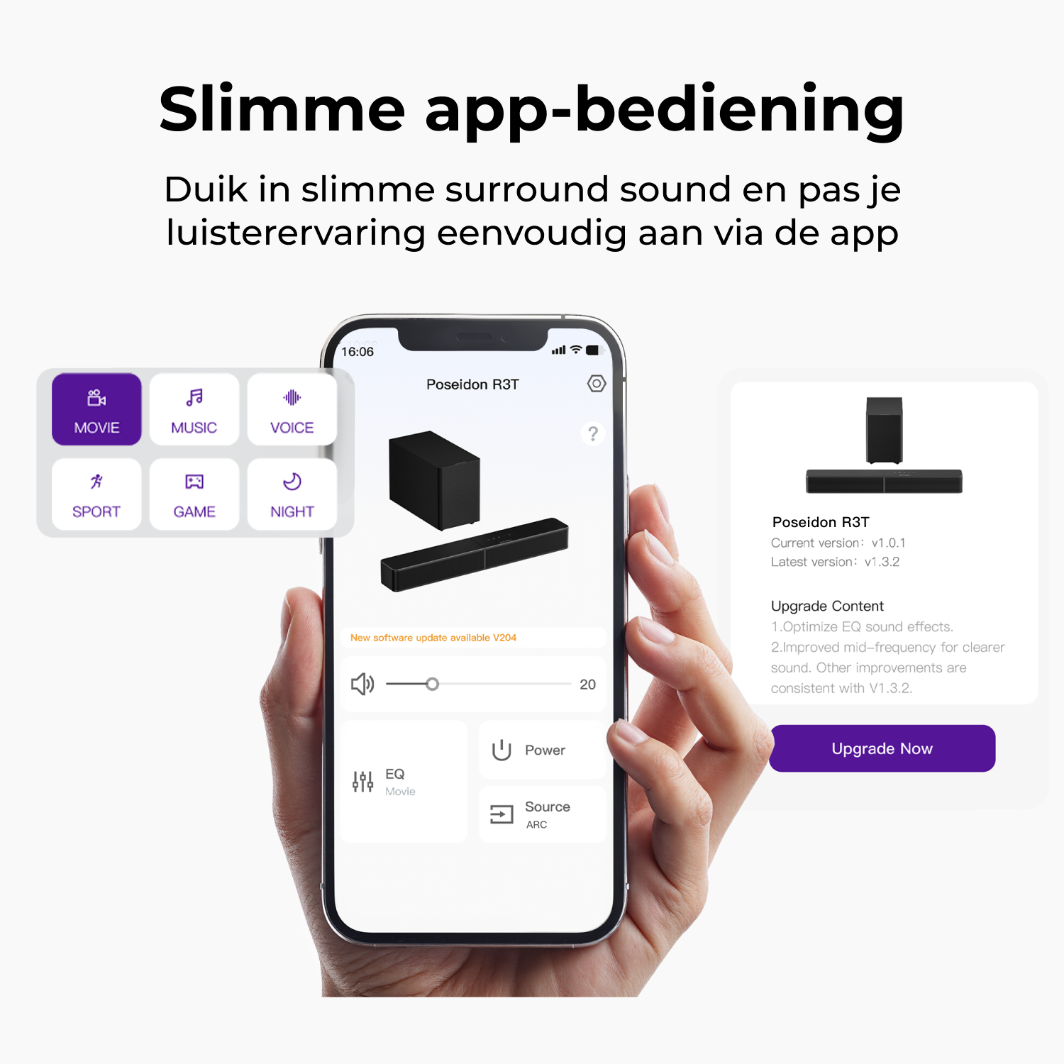 Een hand houdt een smartphone vast met een app voor het bedienen van een Poseidon R3T geluidssysteem.