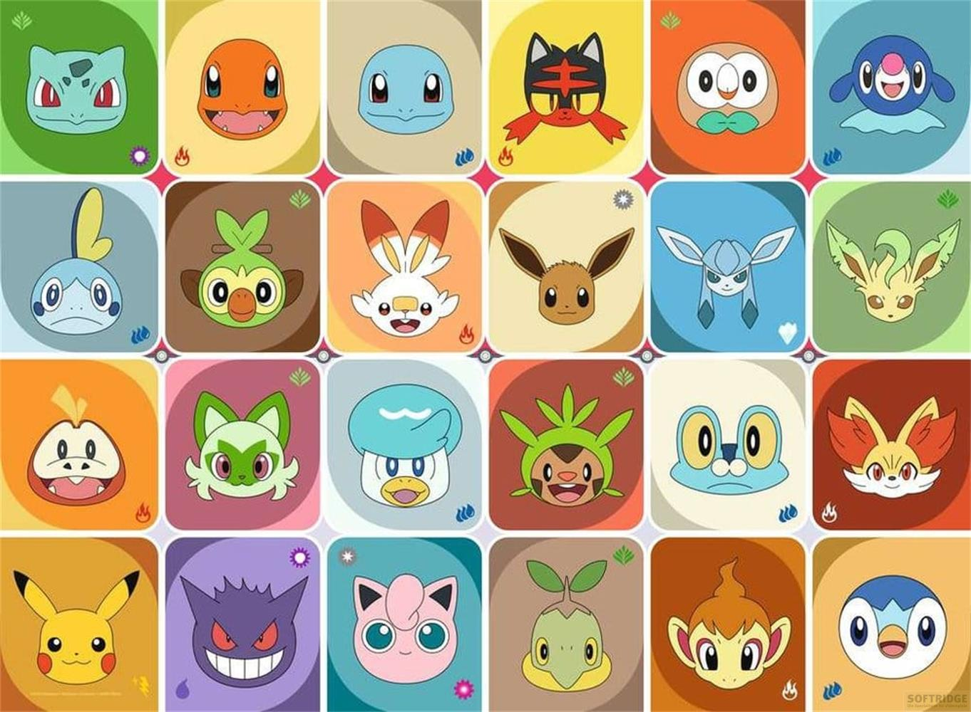 Un collage de personnages Pokémon sur des tuiles colorées.