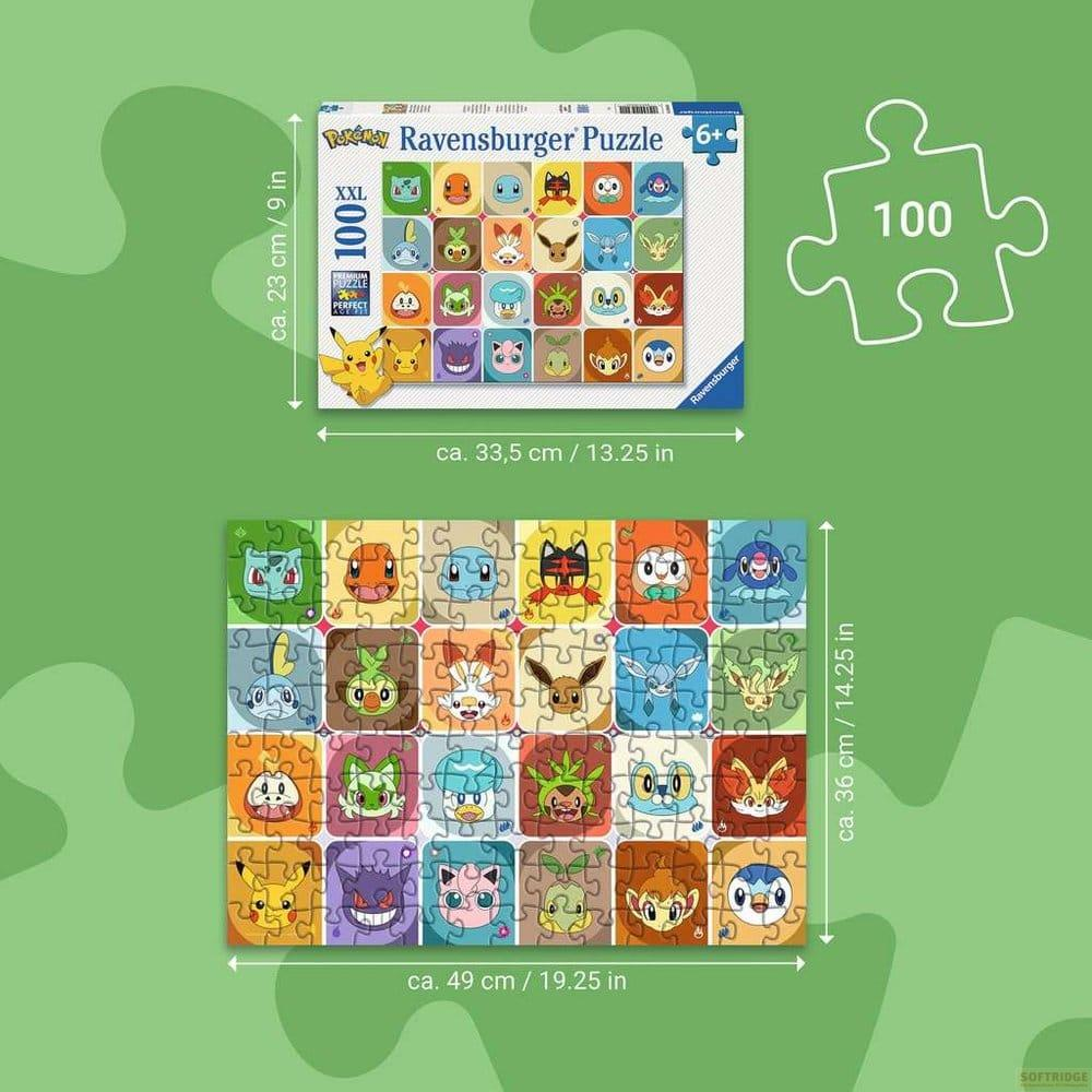 Puzzle Ravensburger Pokemon de 100 pièces avec dimensions.