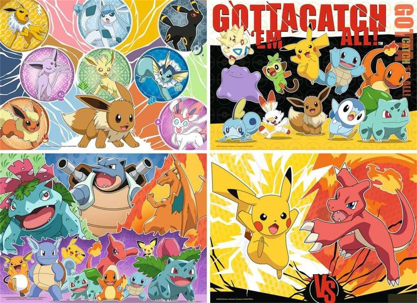 Quattro collage con personaggi Pokémon in vari stili e scene di battaglia.