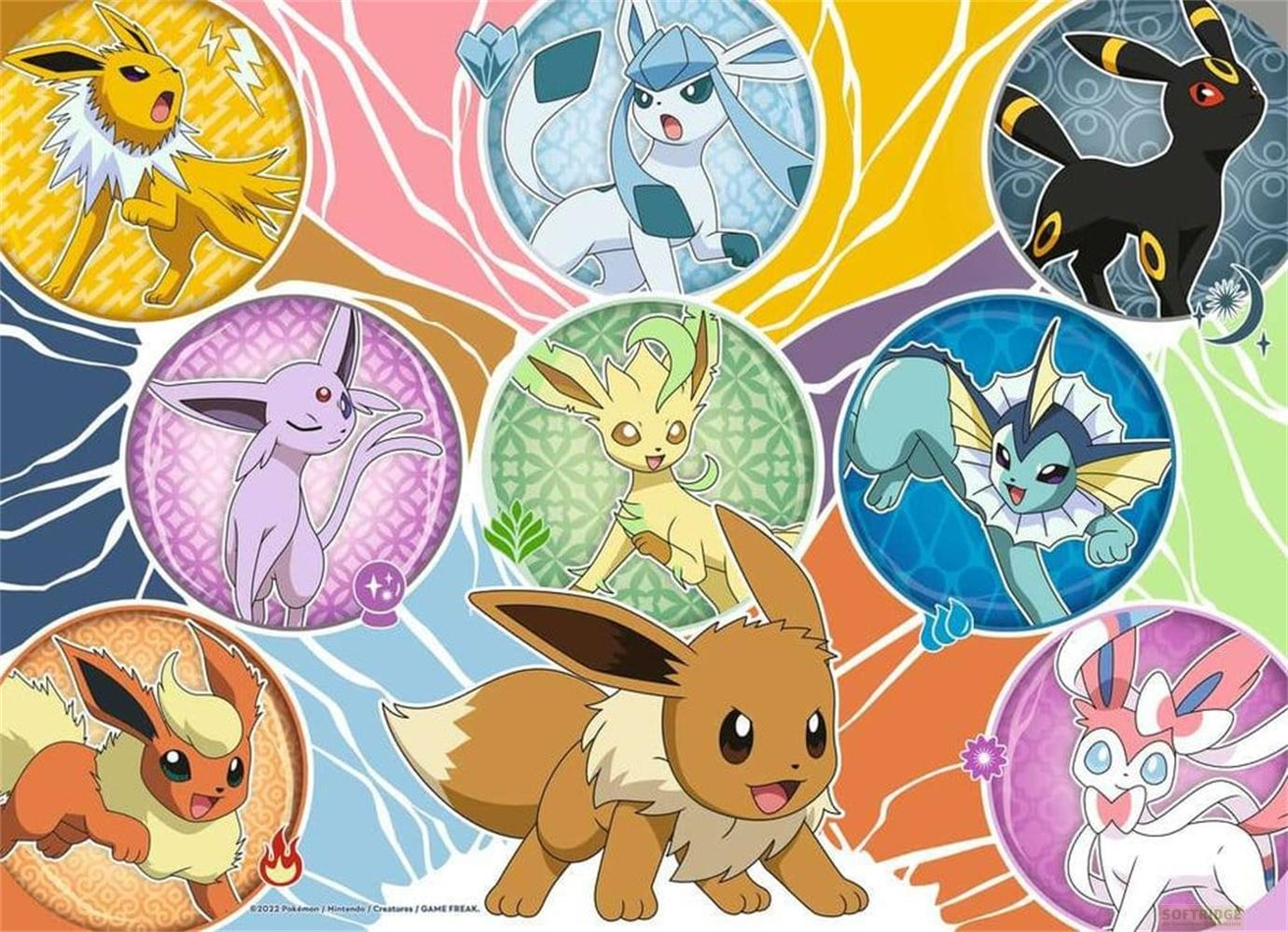 Eevee e le sue evoluzioni: Flareon, Jolteon, Vaporeon, Espeon, Umbreon, Leafeon, Glaceon, Sylveon.