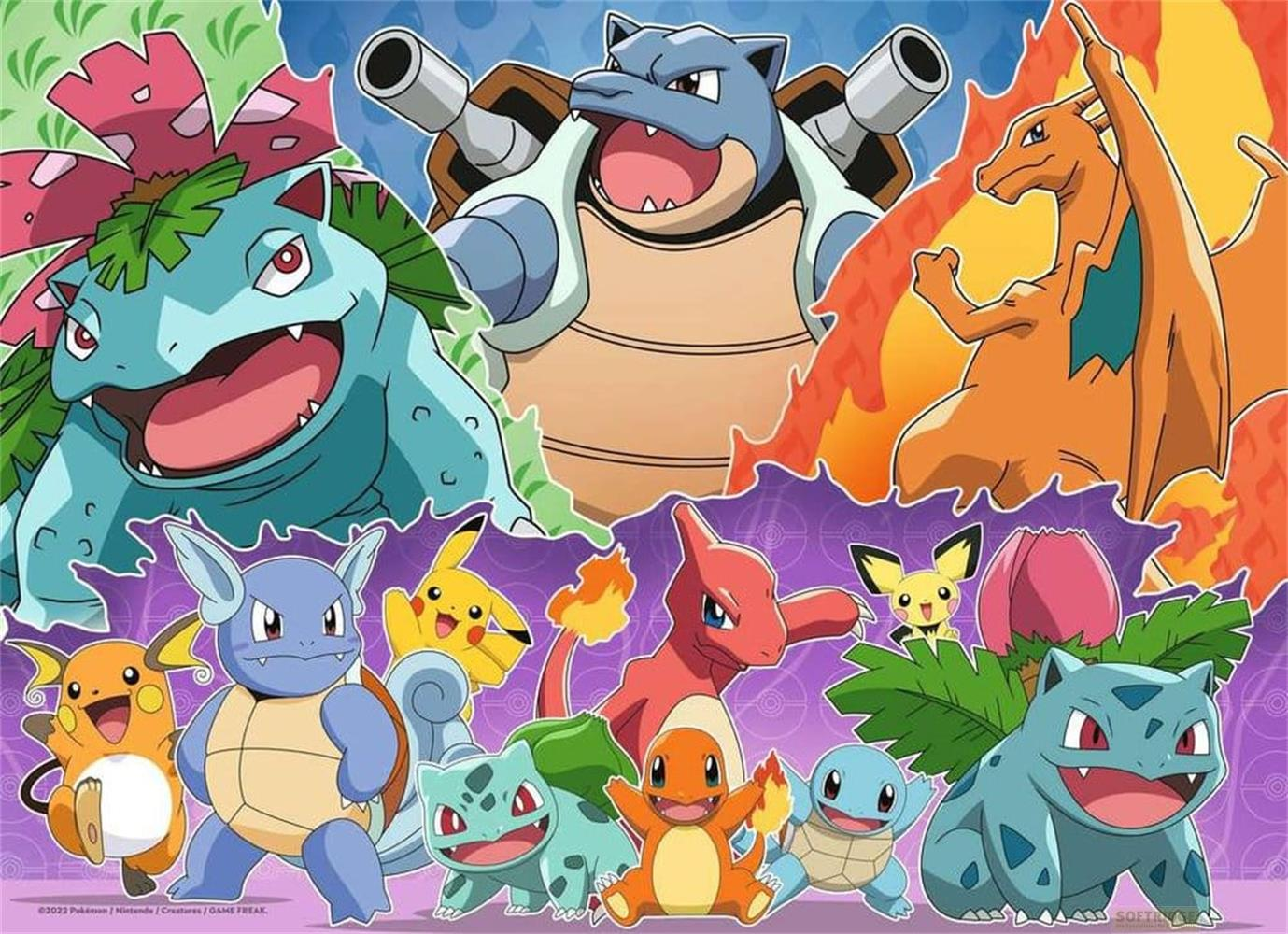 Personaggi Pokémon Venusaur, Blastoise, Charizard e le loro forme più piccole.