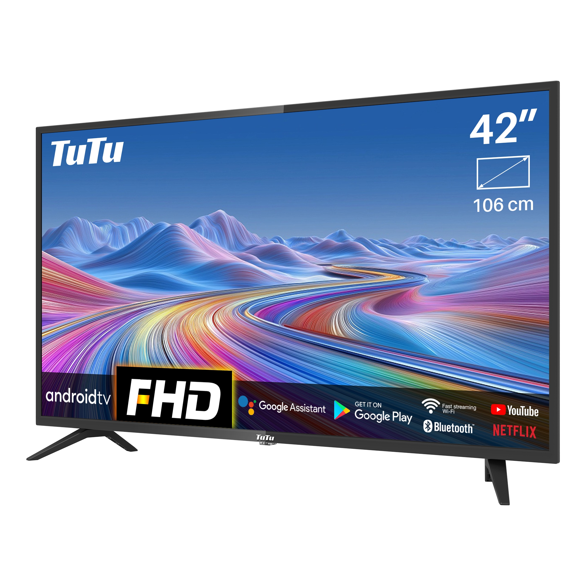 A 42" FHD Android TV with a colorful background and app icons.