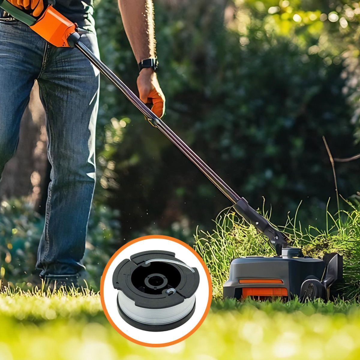 Man maait gras met grastrimmer; spoel met draad ingevoegd.