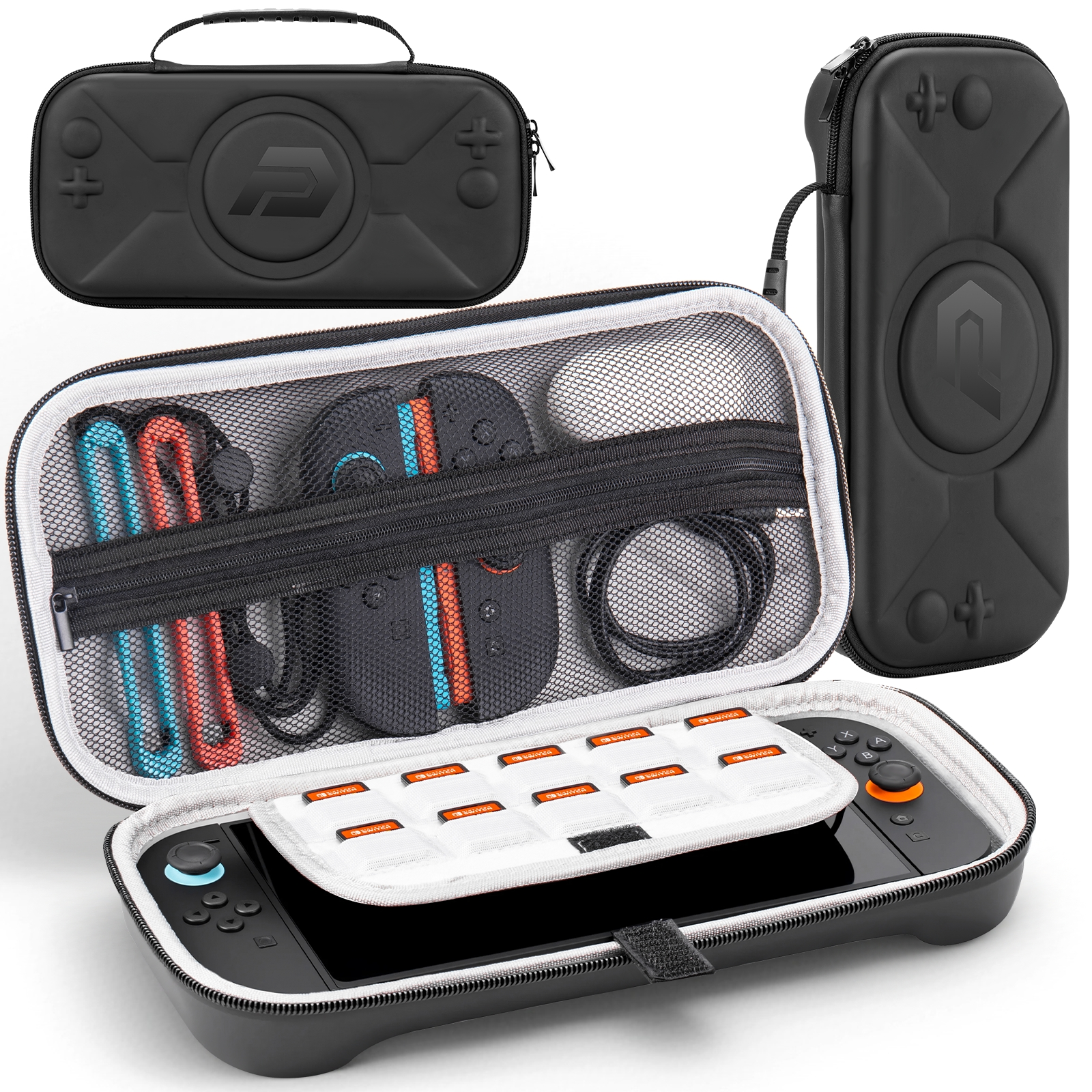 Zwarte draagtas voor gameconsole, open met controllers, kabels en spelcartridges.