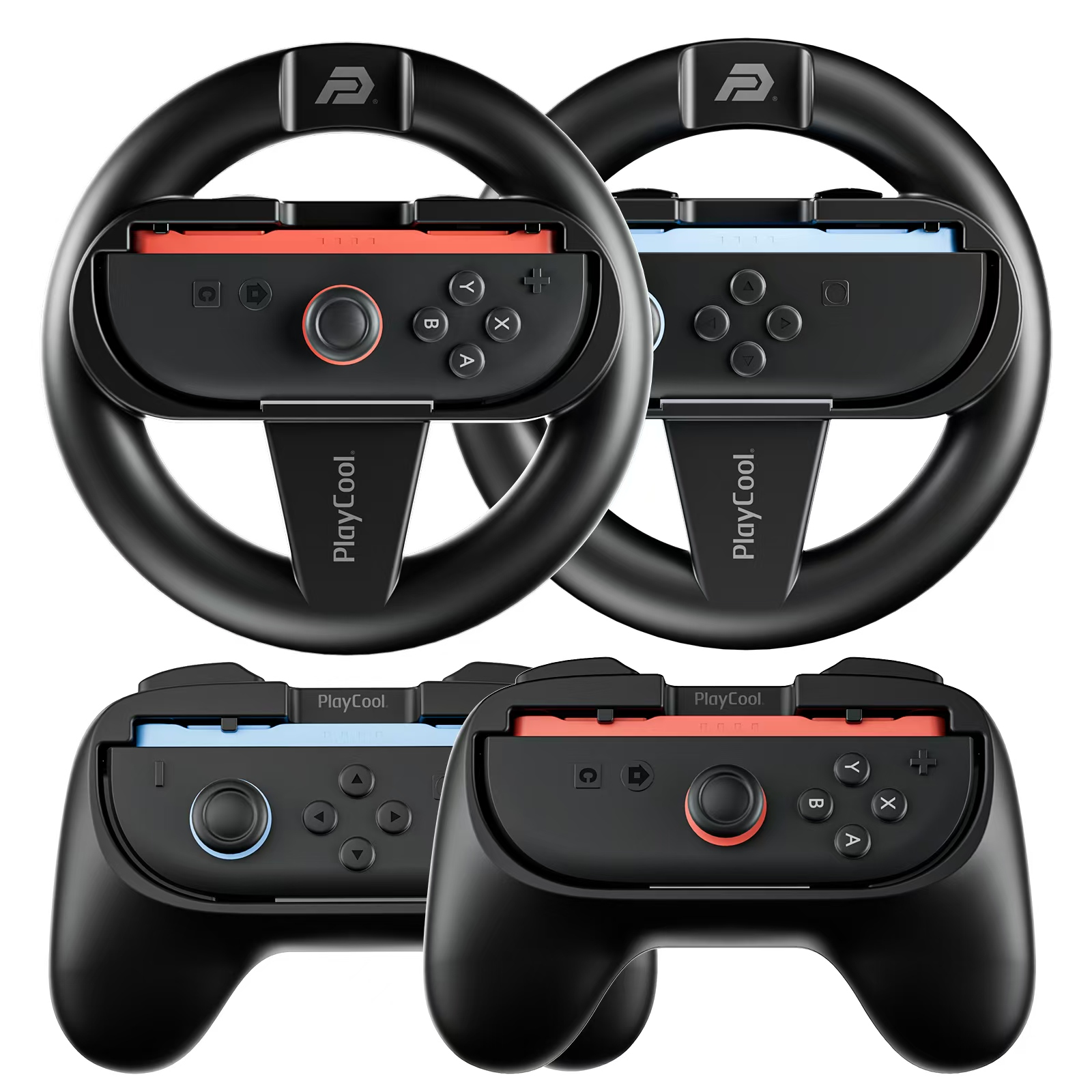 Twee zwarte gaming-controllerhelften en twee sturen met rode en blauwe elementen.
