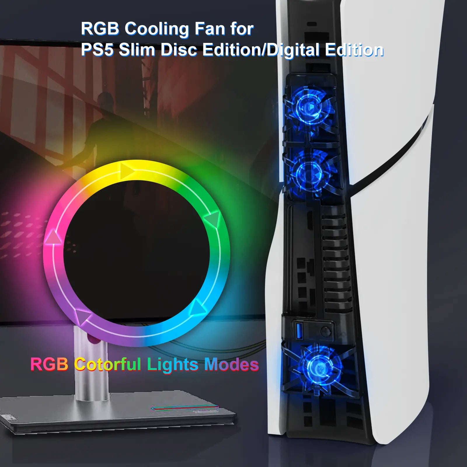 PS5 Slim cooler met blauwe lichten en RGB-kleurwiel.