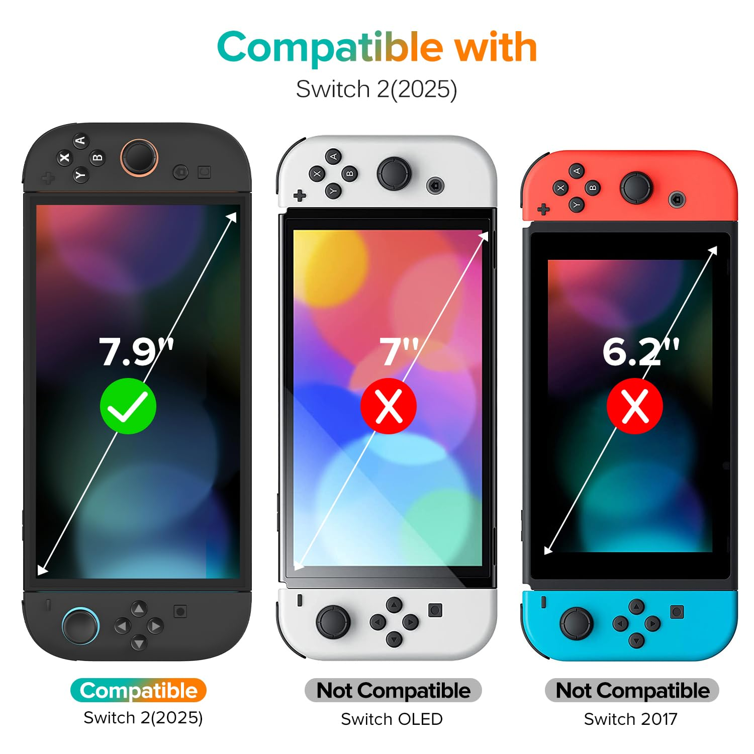 Three Nintendo Switch consoles side-by-side: left compatible, middle/right not.