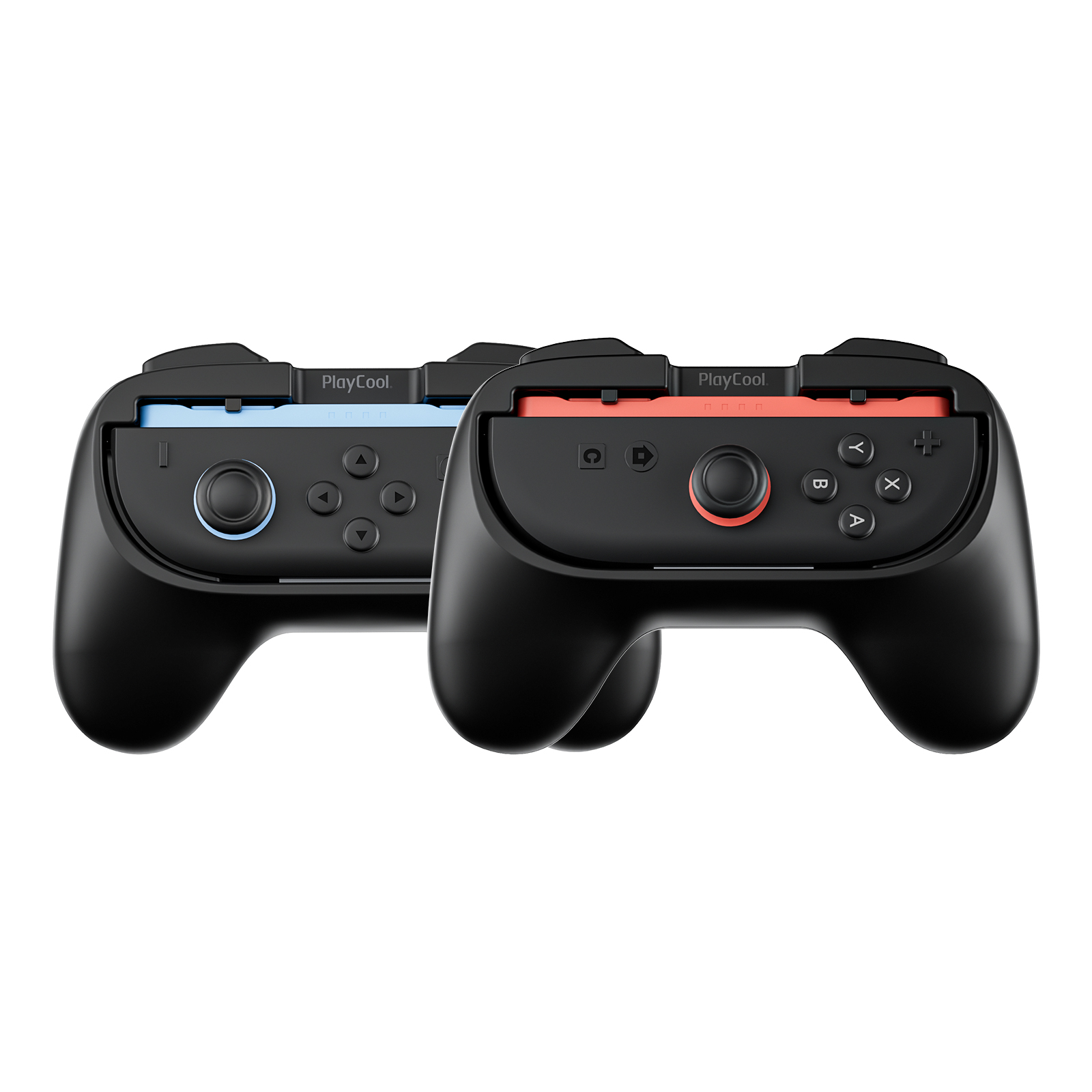 Twee zwarte controllers met blauwe en rode accenten op witte achtergrond.