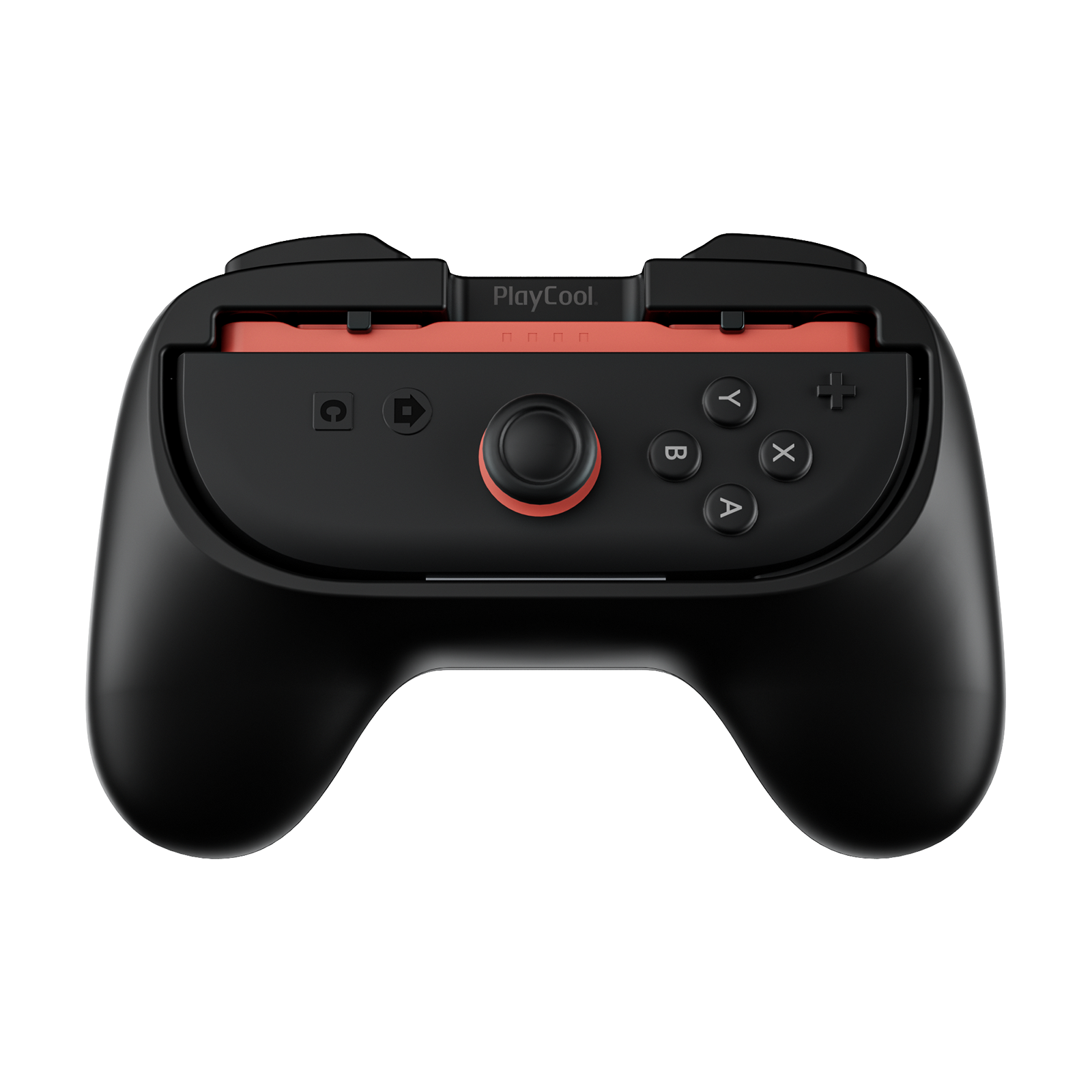 Een zwarte gamingcontroller met rode accenten en knoppen.