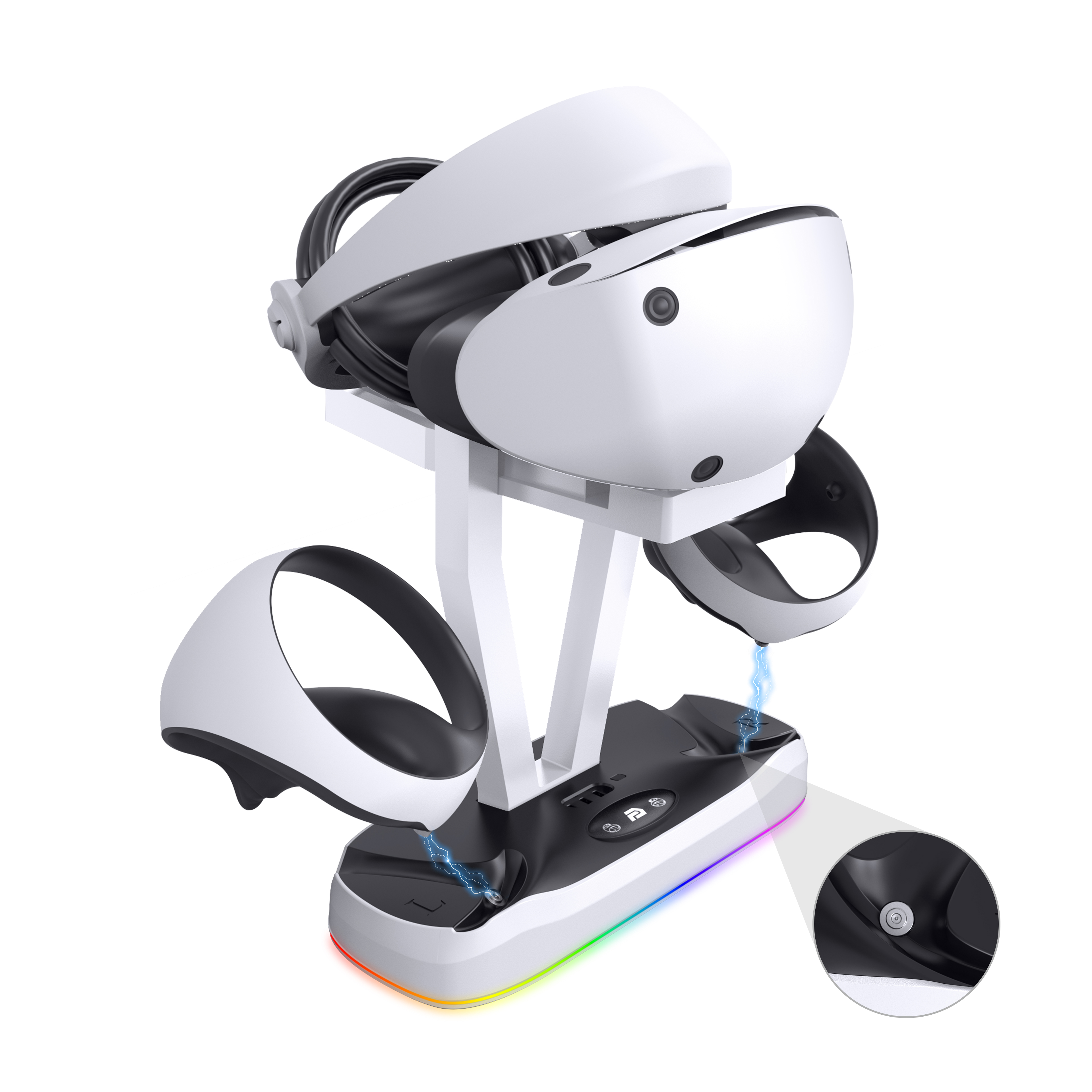 Een witte VR-headset en controllers op een oplaadstandaard met RGB-verlichting.