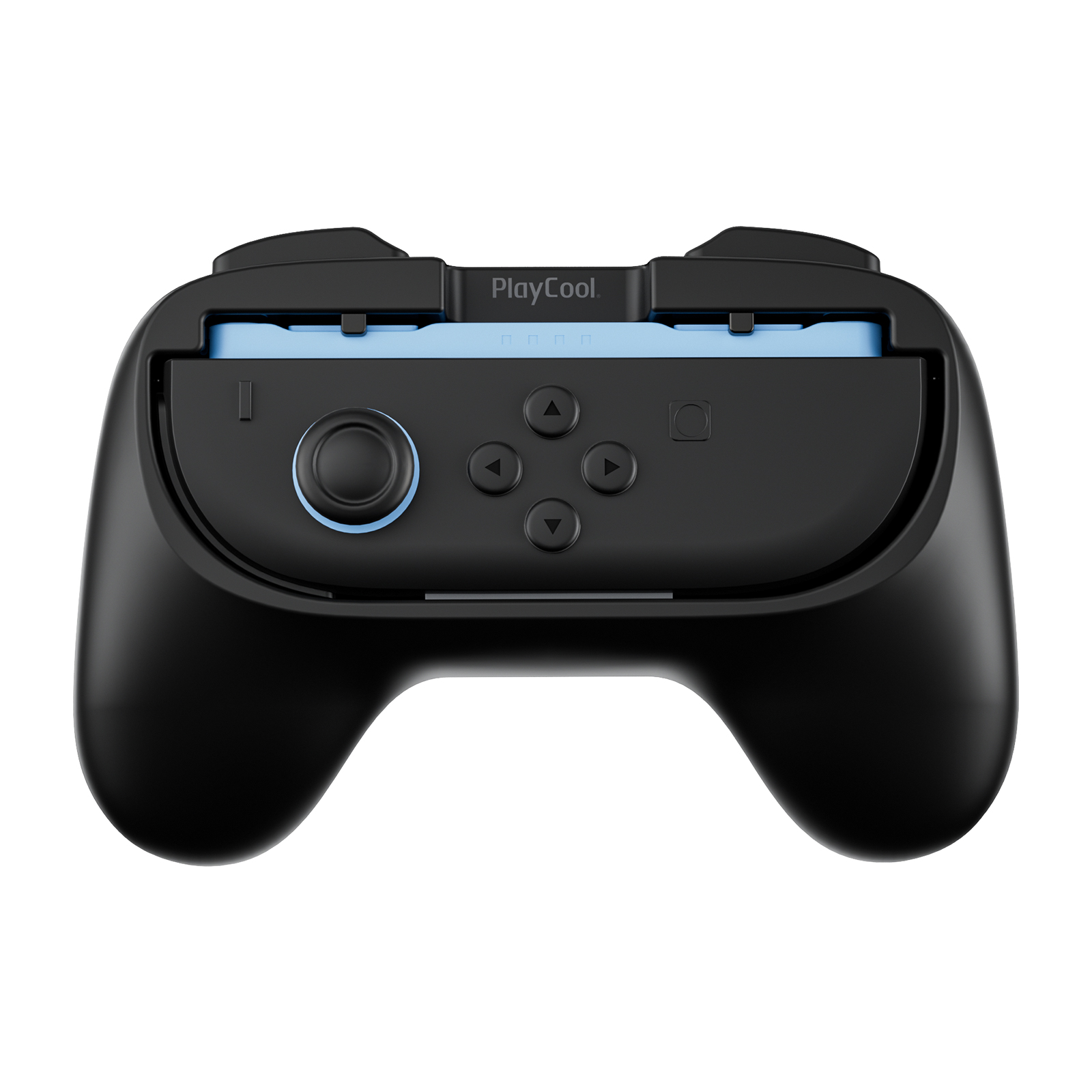 Zwarte gamecontroller met blauwe accentstrip en bedieningsknoppen.