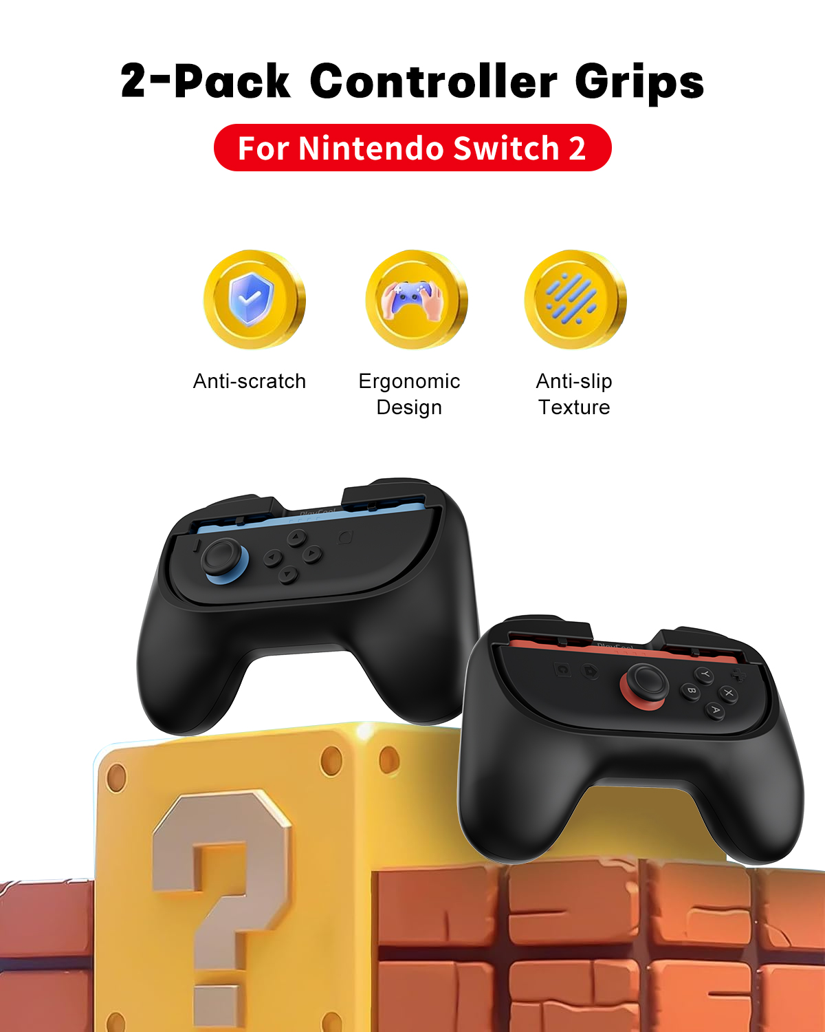 Twee zwarte controller grips voor Nintendo Switch 2 op een geel vraagtekenblok.