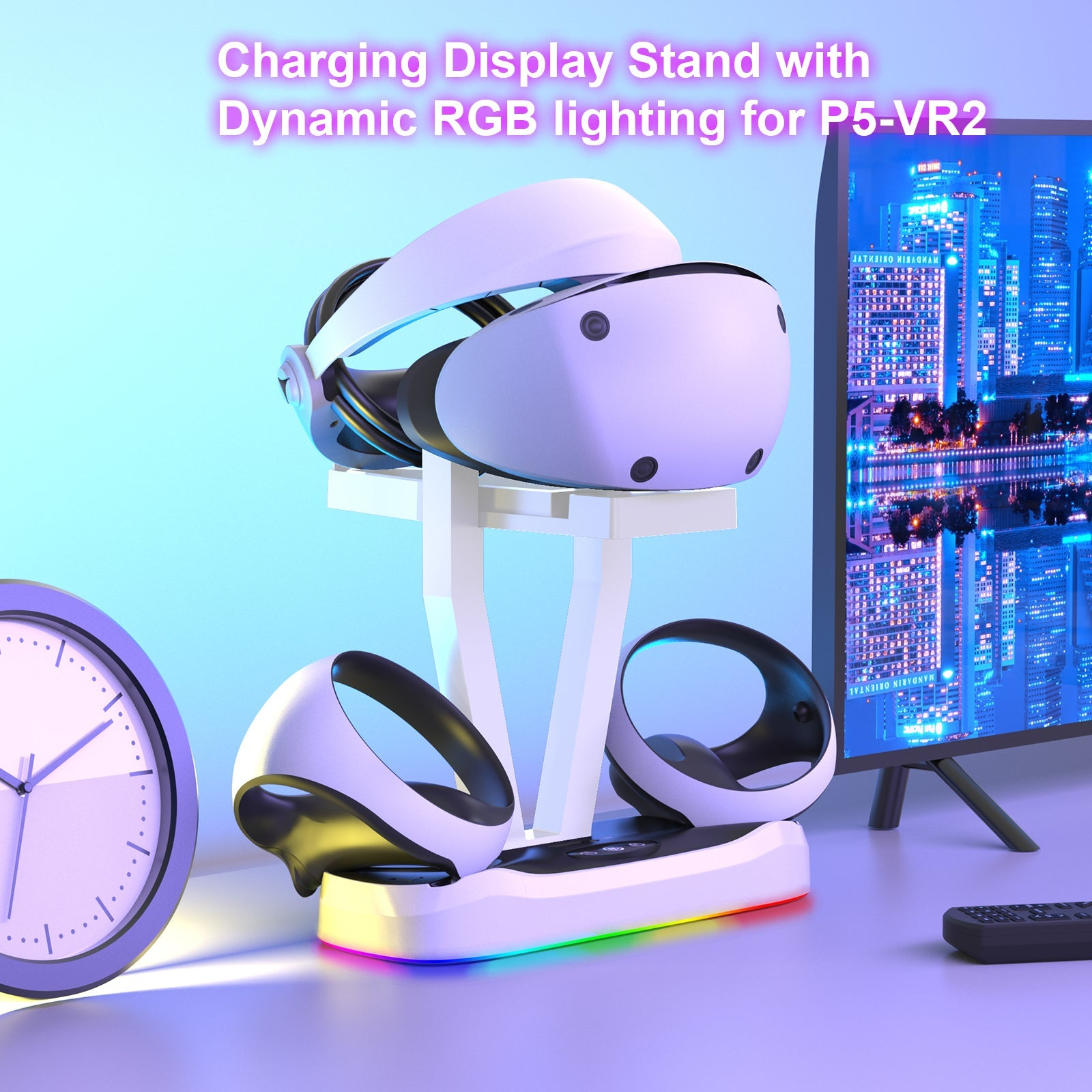 VR-headset en controllers op oplaadstandaard met RGB-verlichting, klok en scherm.