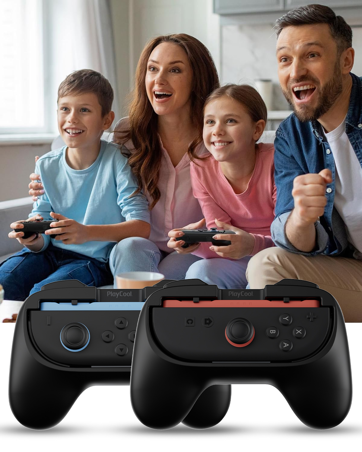 Familie speelt samen videogames. Twee controllers op de voorgrond.