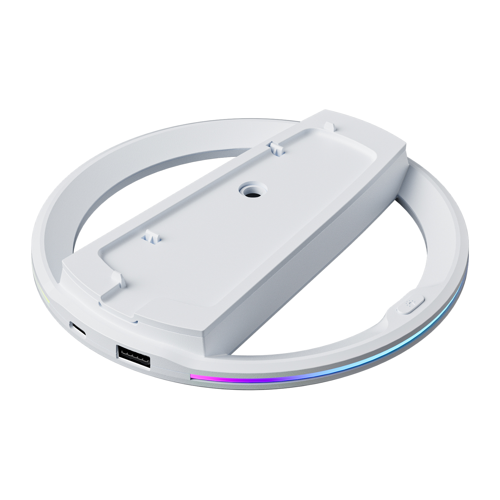 Een witte laadstandaard met RGB-verlichting en USB-poorten.