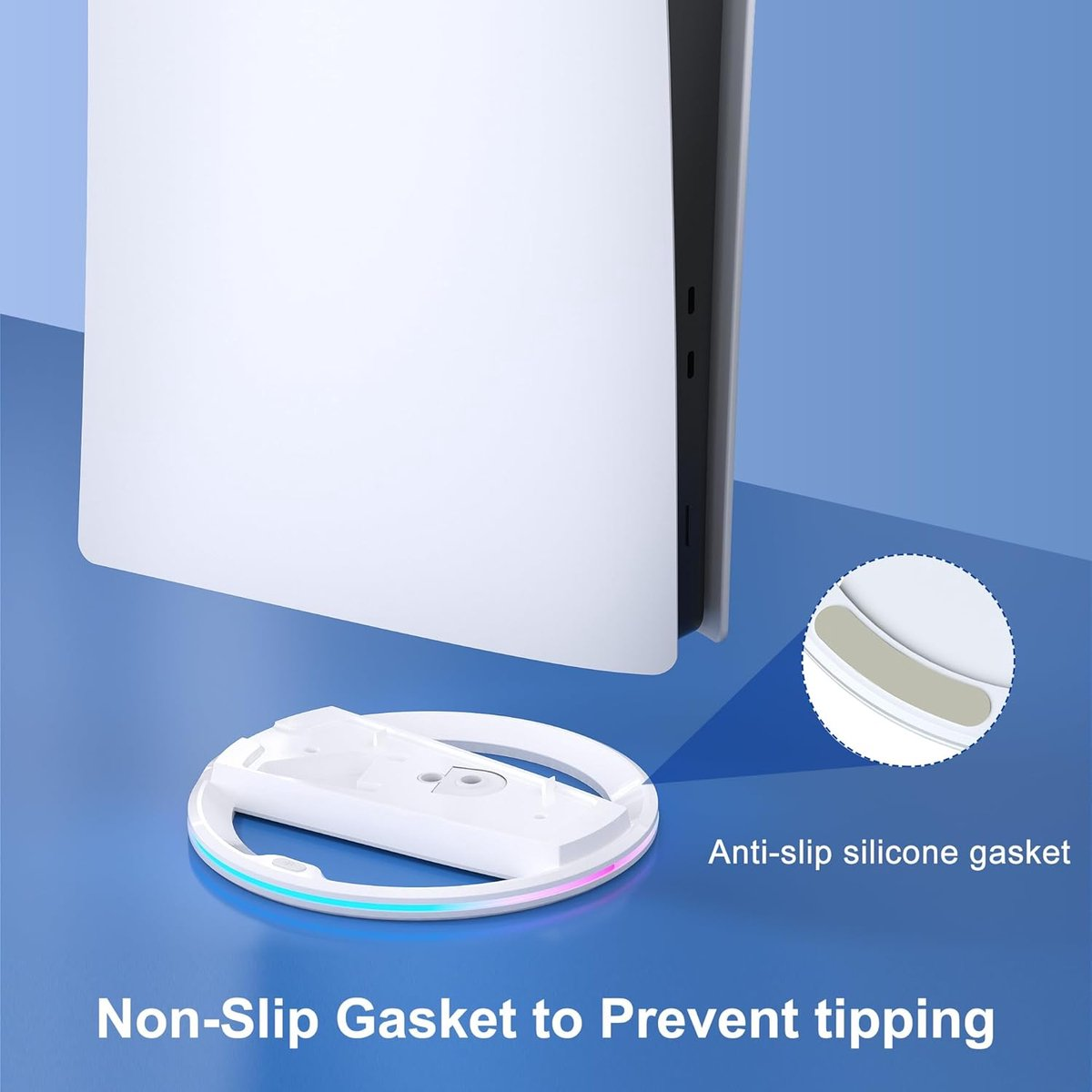 Witte spelconsole op blauw oppervlak met antislipstandaard.