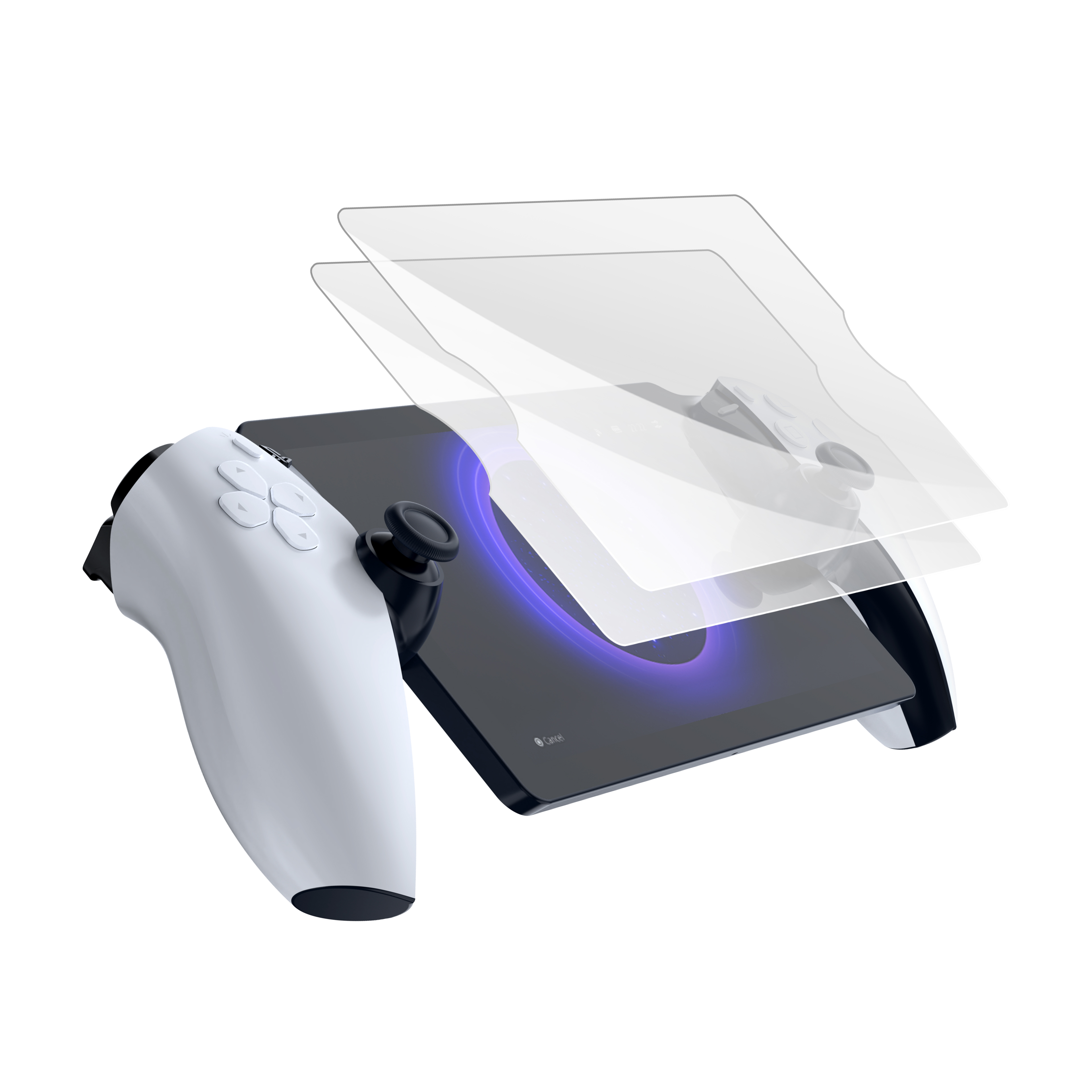 Een witte gamecontroller rust op een zwarte tablet met gloeiende blauwe ringen.