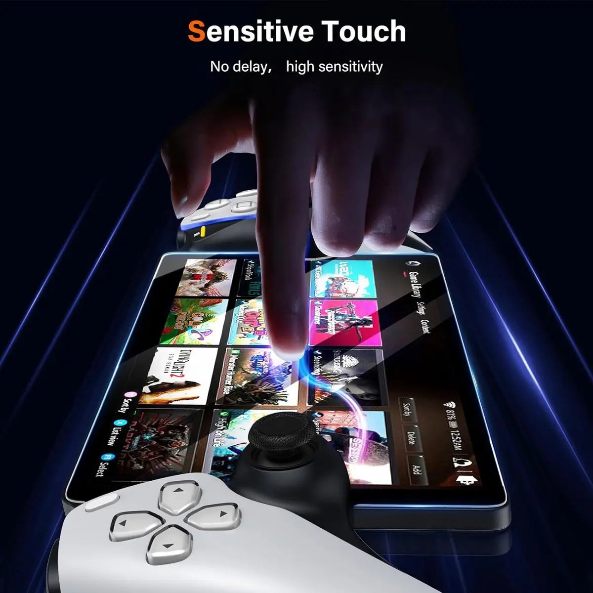 Een vinger raakt een touchscreen aan met game-thumbnails en een gamecontroller.