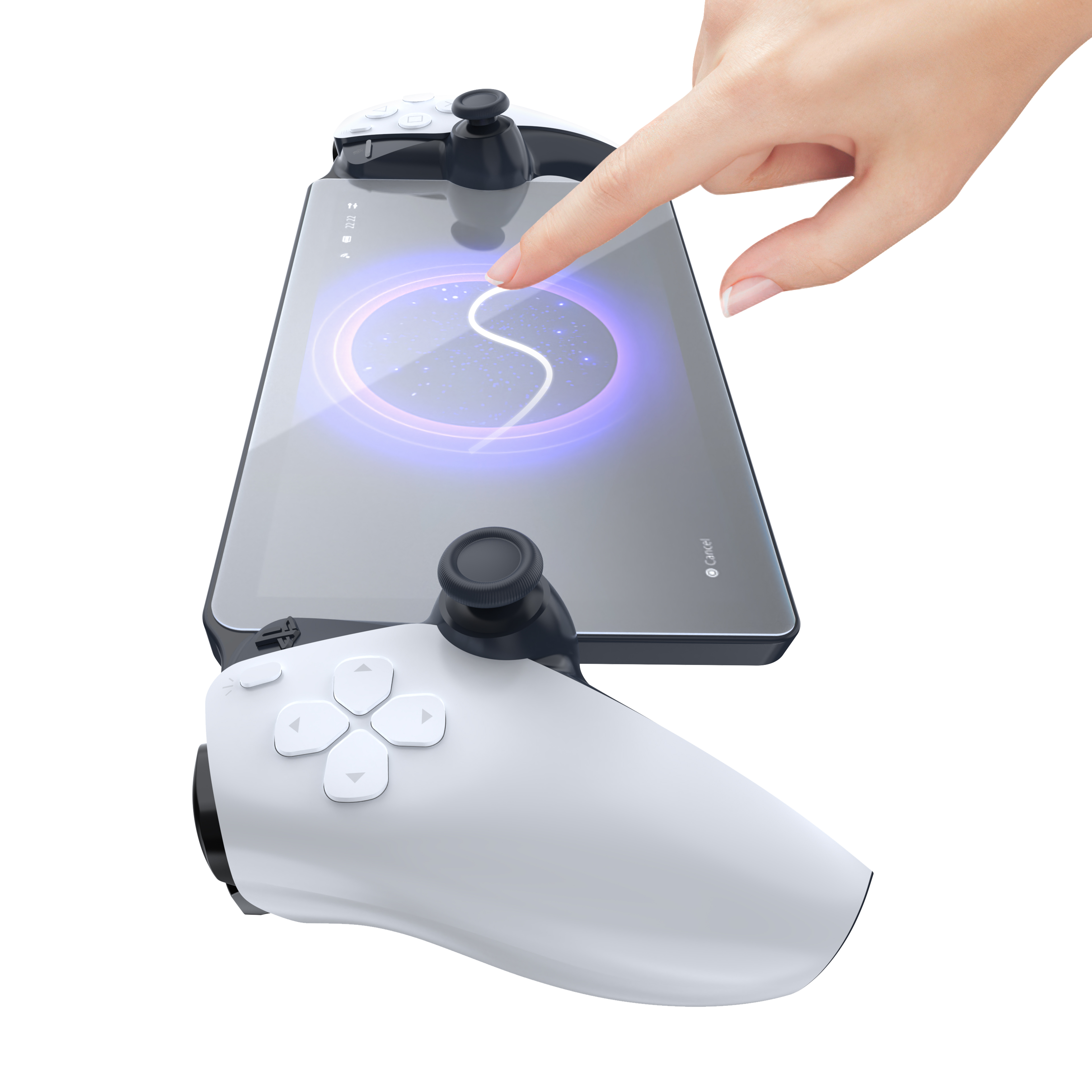 Een hand raakt een touchscreen aan dat door een witte controller wordt vastgehouden.