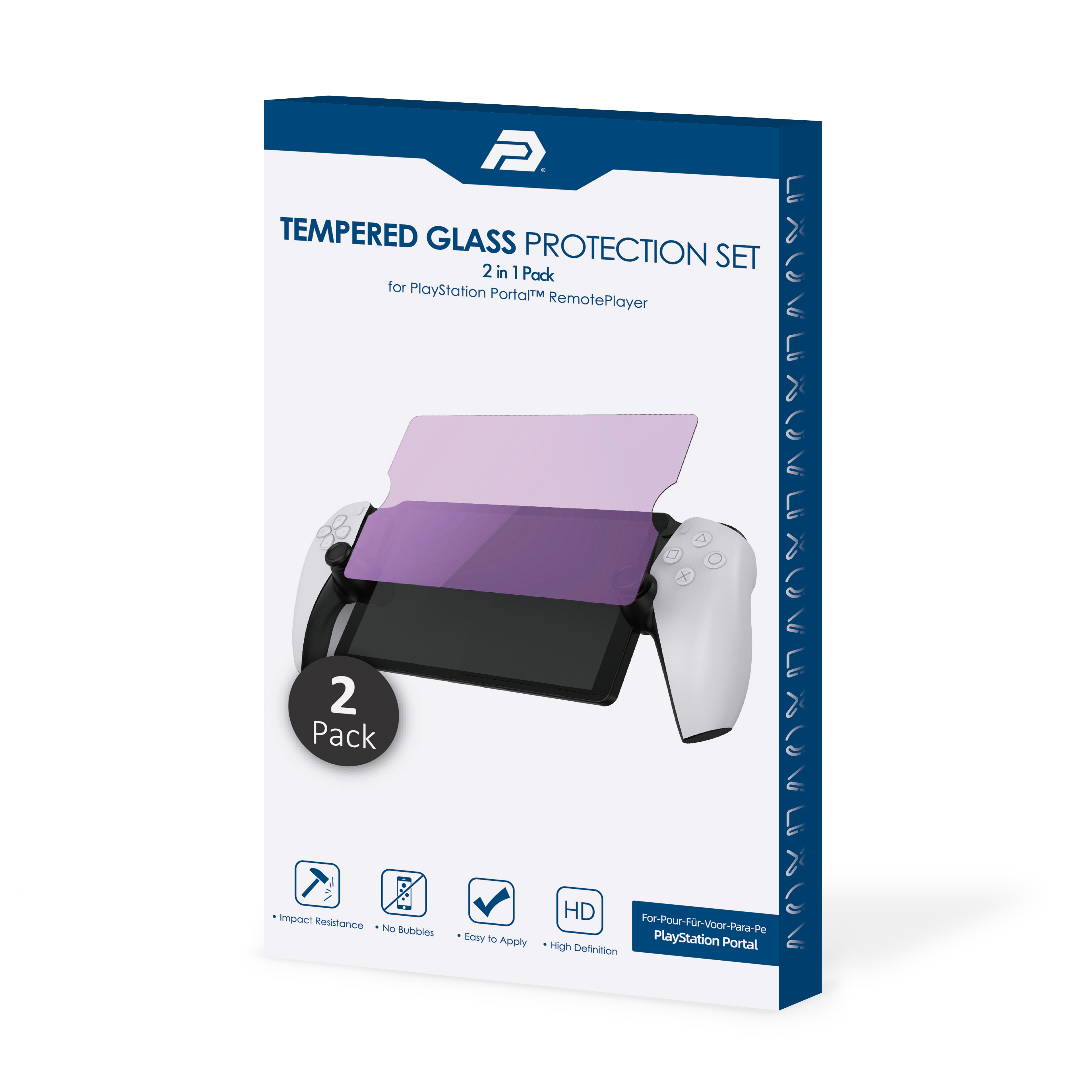 Verpakking voor een 2-pack gehard glazen schermprotector voor PlayStation Portal.