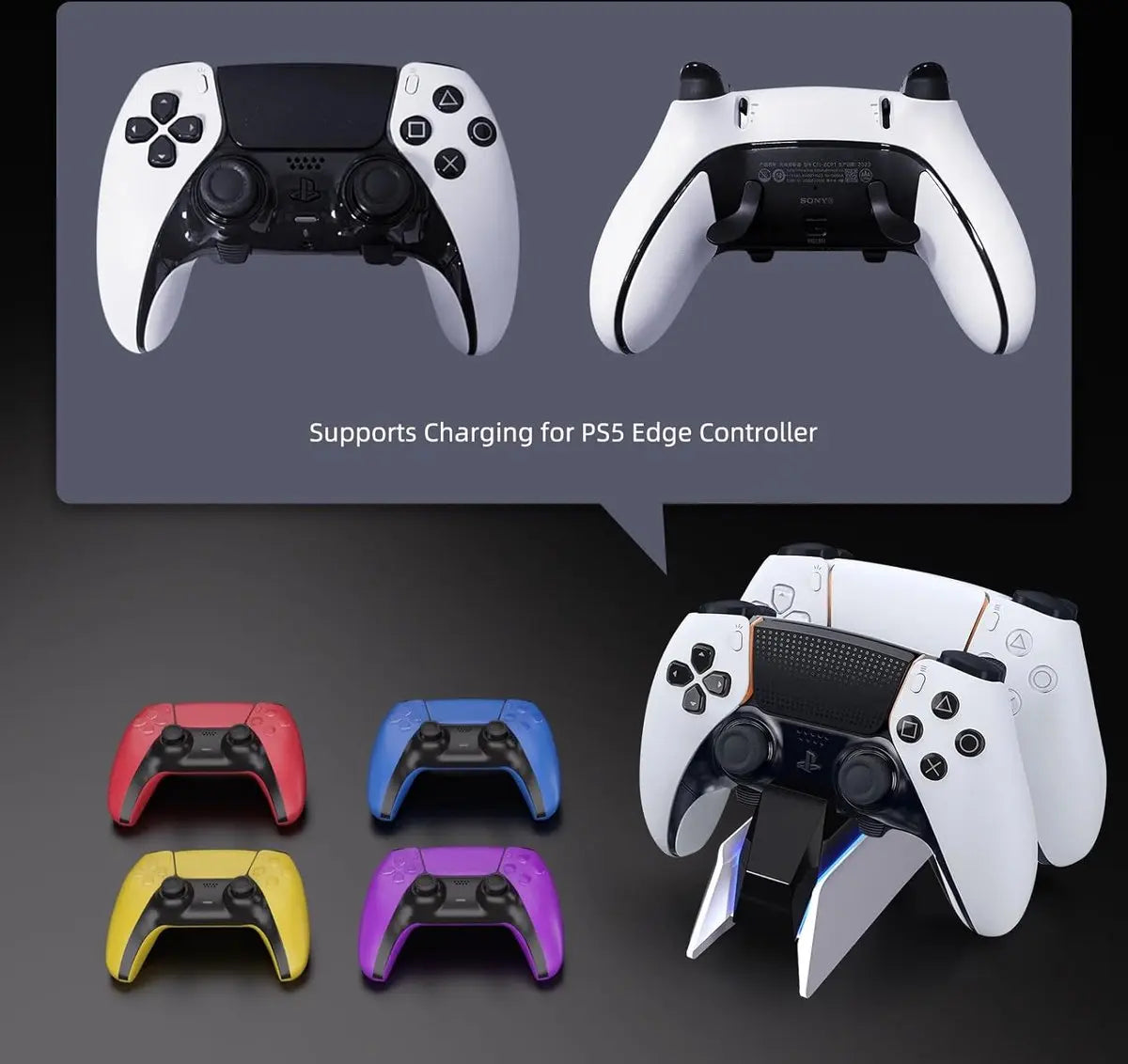 Witte PS5 Edge controllers en gekleurde controllers op oplaadstation.