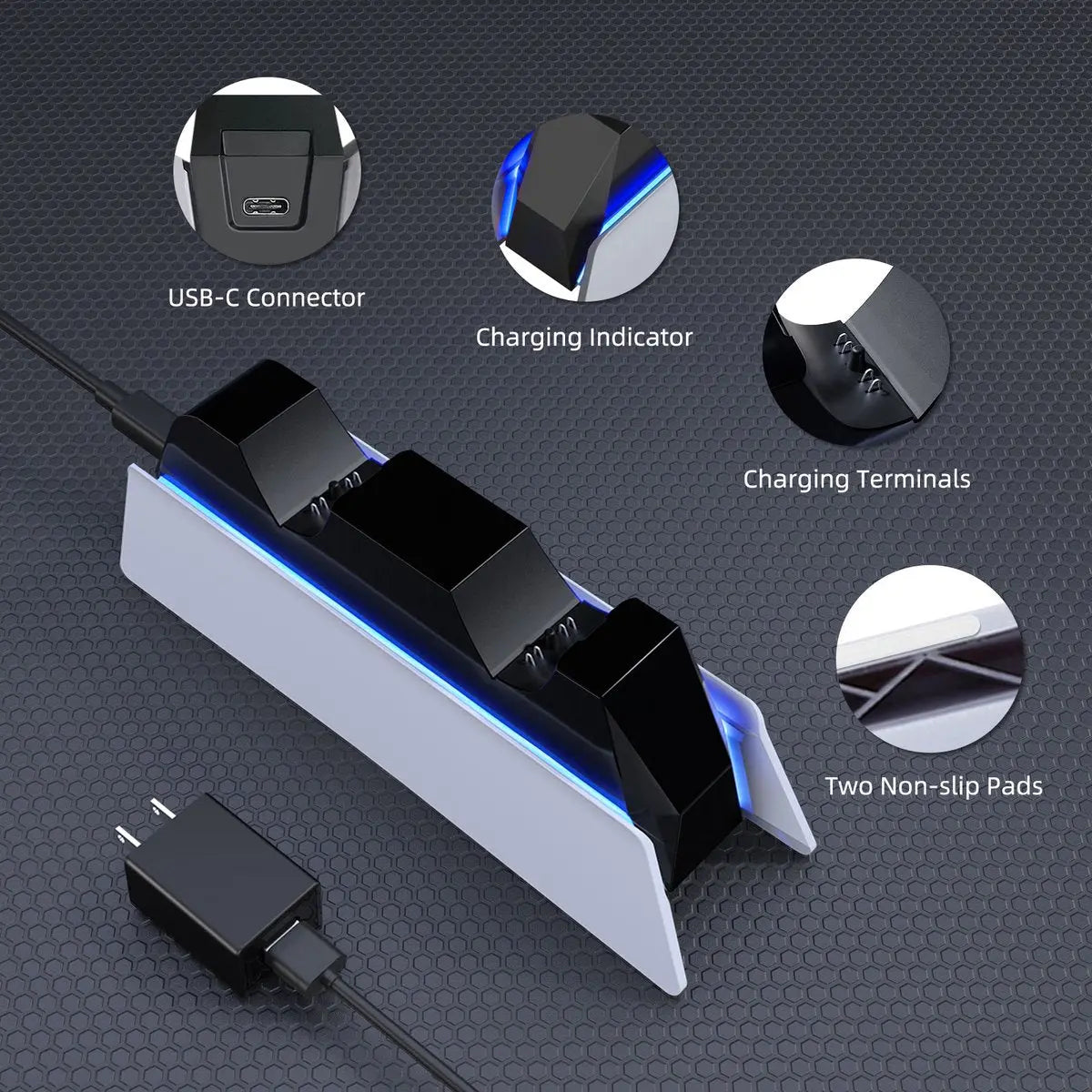 Dubbele controllerlader met USB-C, indicatoren en antislipvoetjes.