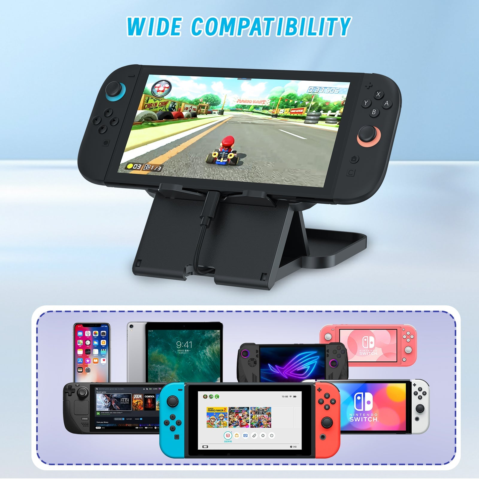 Brede compatibiliteit: Nintendo Switch in landschap, spellen op diverse apparaten.