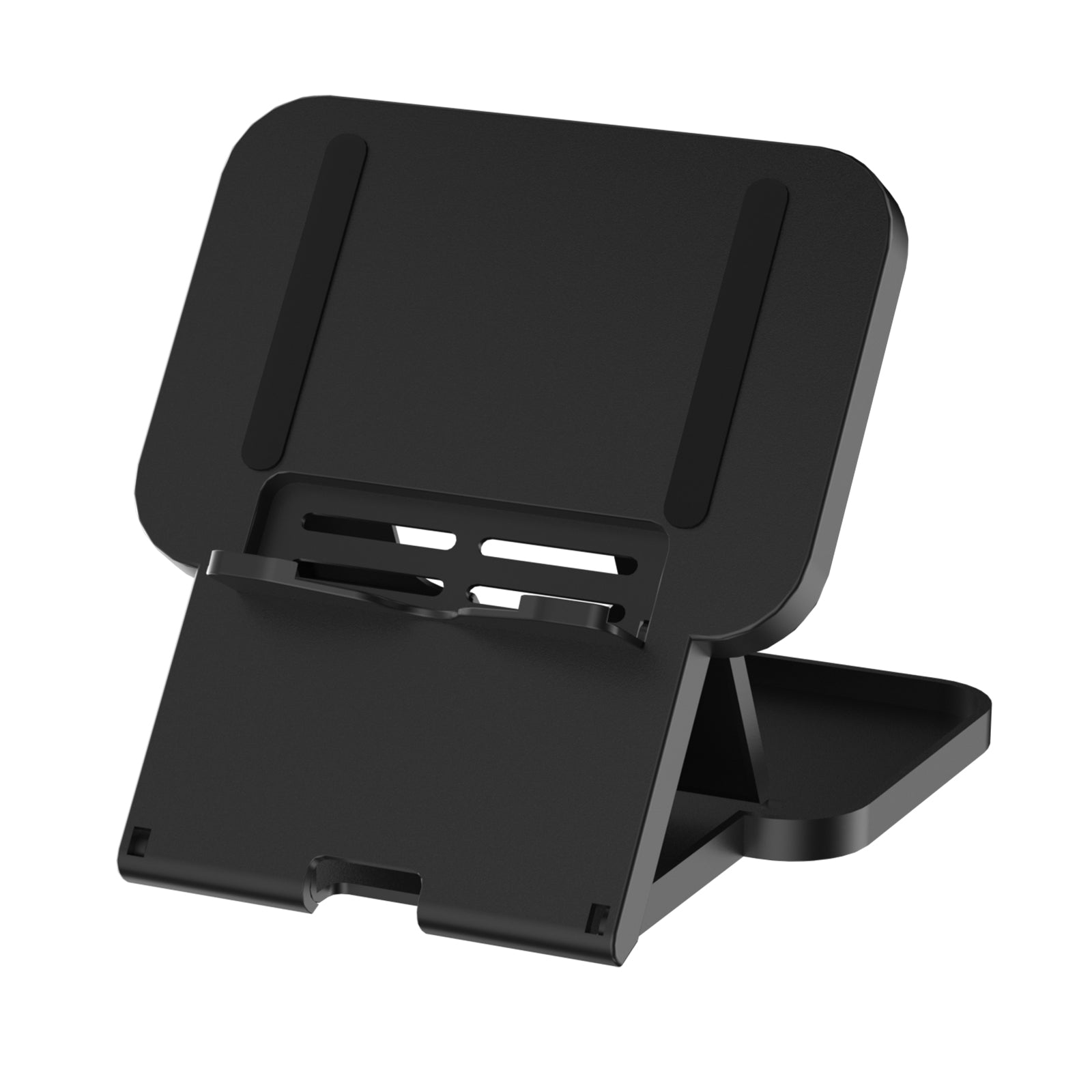 Een zwarte, opvouwbare standaard voor tablets of telefoons.
