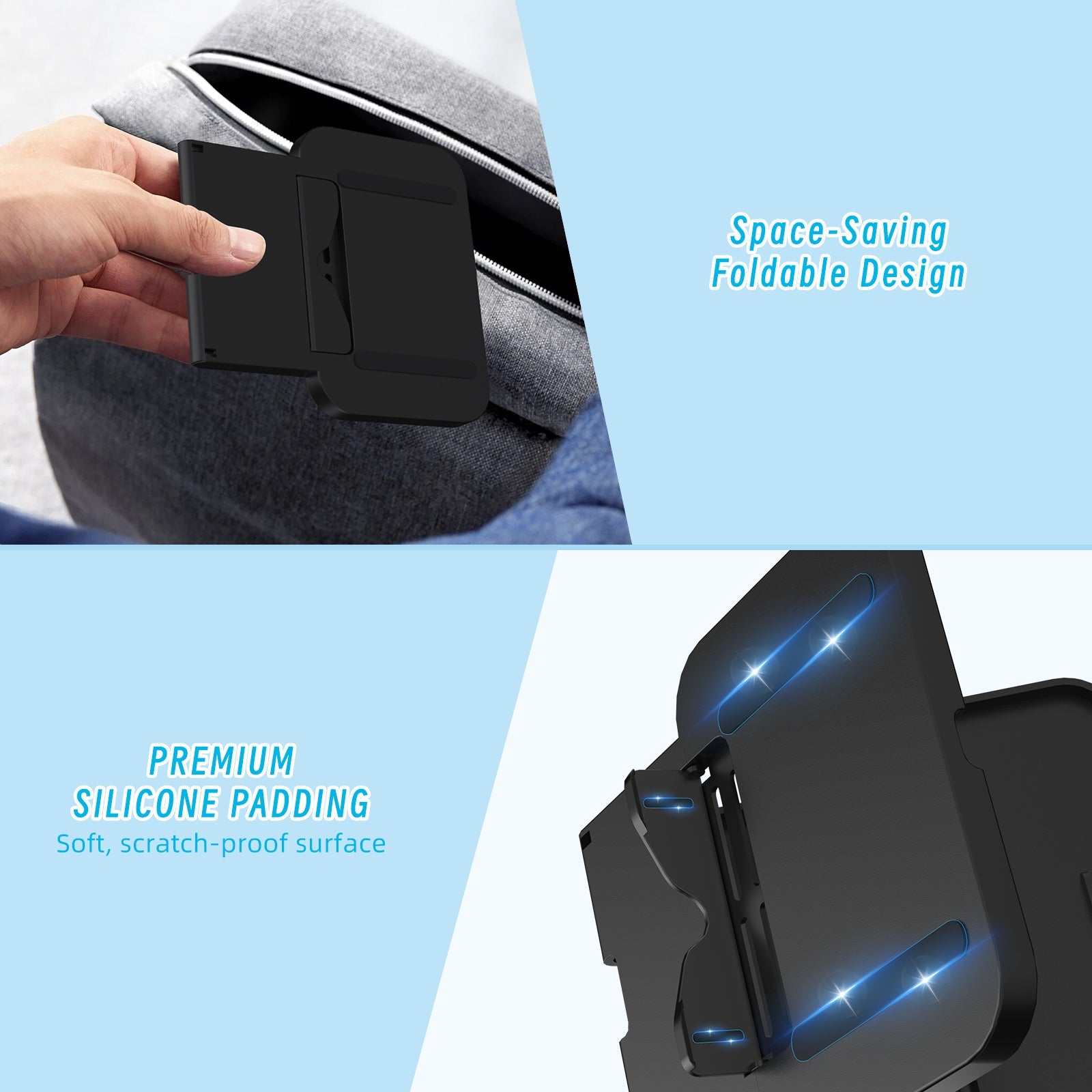 Een zwarte standaard wordt in een grijze tas geplaatst. Met ruimtebesparend, opvouwbaar ontwerp.