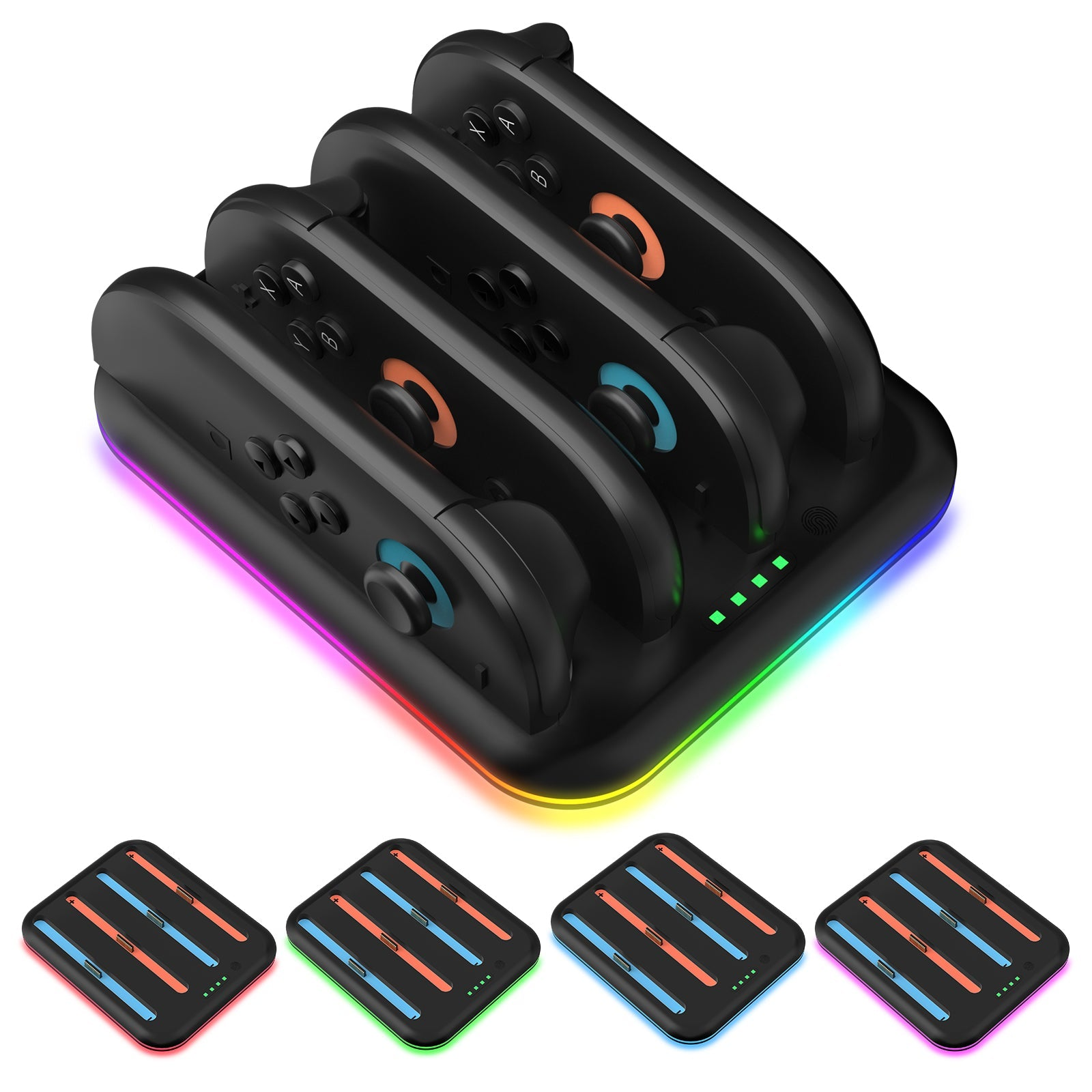 Een zwart laadstation voor vier controllers, verlicht met kleurrijke LED's.