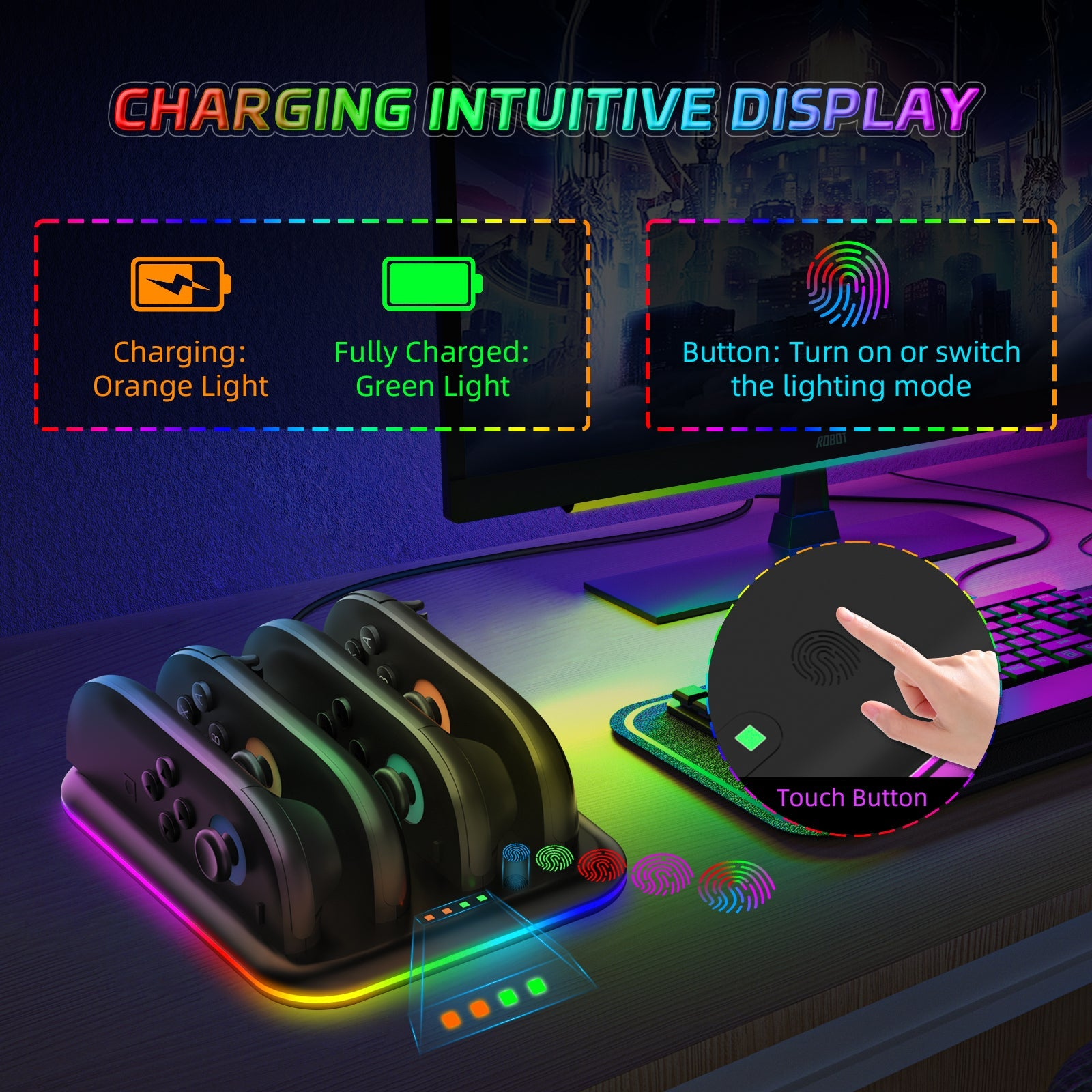 Oplaadstation voor gamingcontrollers met RGB-verlichting. Toont laadstatus.
